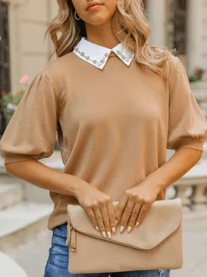 Rhinestone Collar Knit Top - Khaki