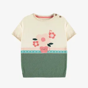 Robe de maille à manches courtes vert, crème et corail motif jacquard floral, bébé || Green, cream and coral floral jacquard short sleeve knit dress, baby
