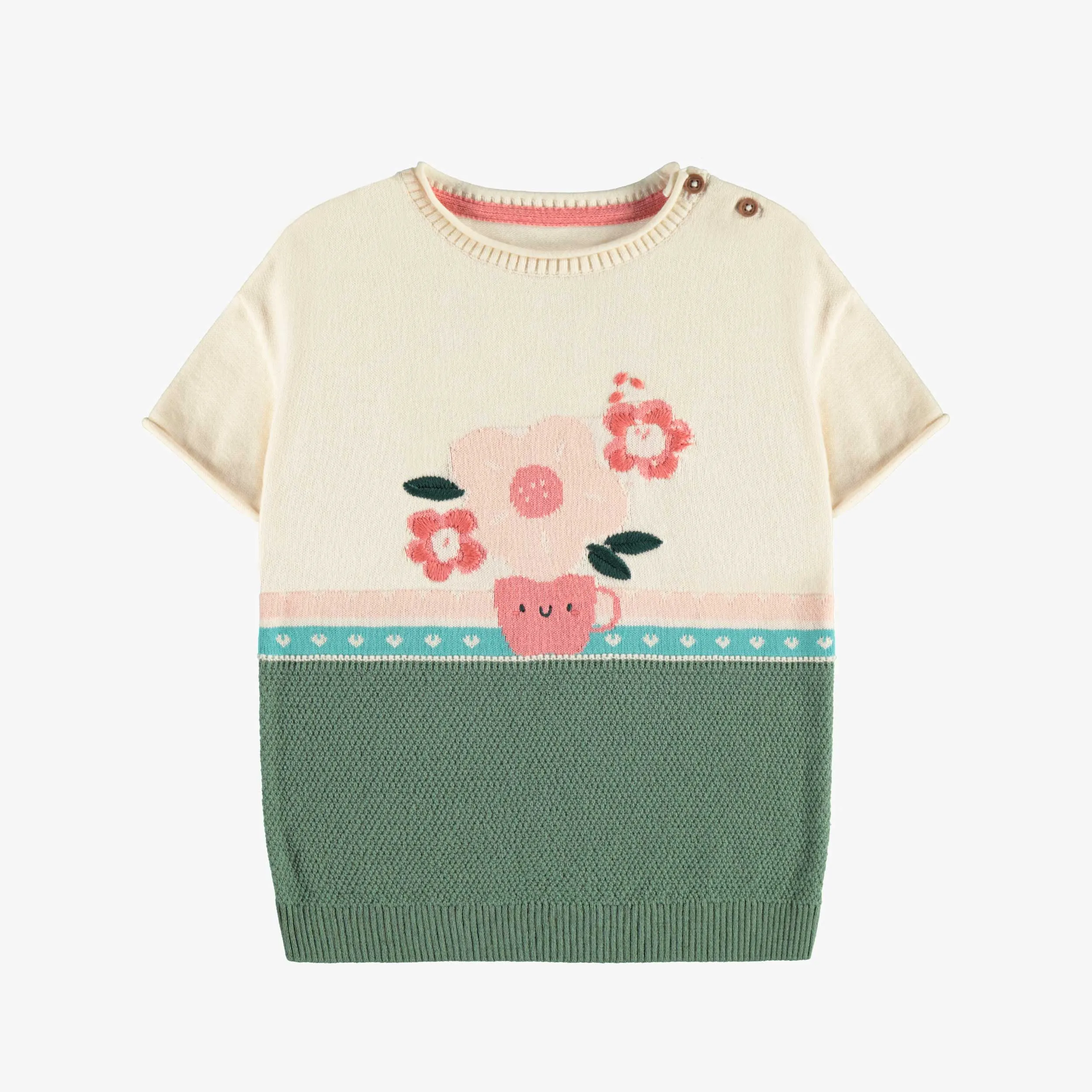 Robe de maille à manches courtes vert, crème et corail motif jacquard floral, bébé || Green, cream and coral floral jacquard short sleeve knit dress, baby