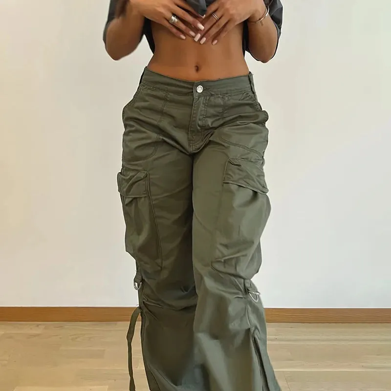 Rockmore Cargos Style Parachute Pants Low Waist Women Joggers Harajuku Pockets Baggy Wide Leg Trousers y2k Streetwear Casual