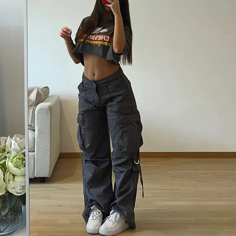 Rockmore Cargos Style Parachute Pants Low Waist Women Joggers Harajuku Pockets Baggy Wide Leg Trousers y2k Streetwear Casual