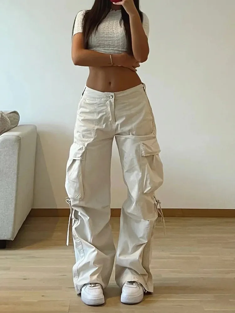 Rockmore Cargos Style Parachute Pants Low Waist Women Joggers Harajuku Pockets Baggy Wide Leg Trousers y2k Streetwear Casual