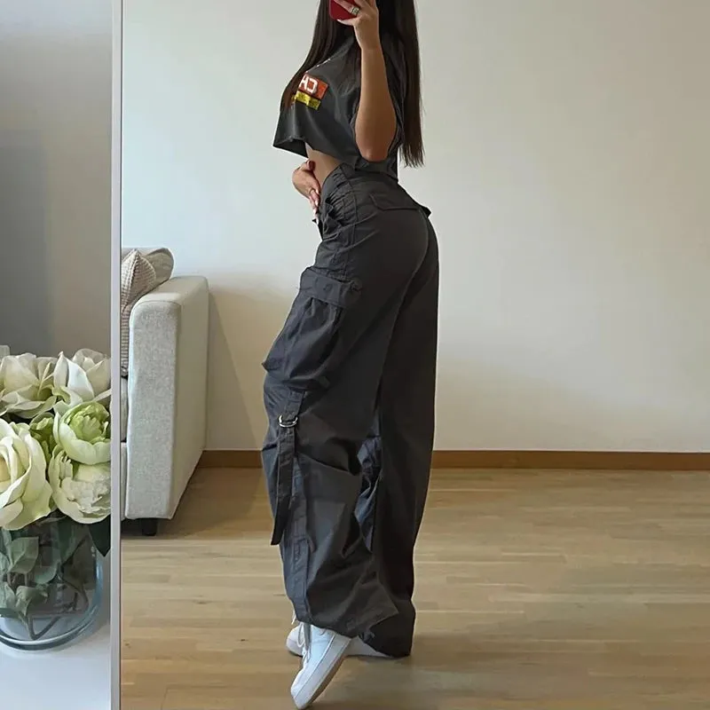 Rockmore Cargos Style Parachute Pants Low Waist Women Joggers Harajuku Pockets Baggy Wide Leg Trousers y2k Streetwear Casual