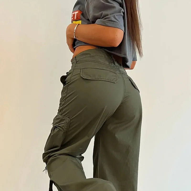 Rockmore Cargos Style Parachute Pants Low Waist Women Joggers Harajuku Pockets Baggy Wide Leg Trousers y2k Streetwear Casual