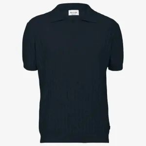 Sand Open Neck Knitted Short Sleeve Polo Shirt - Navy