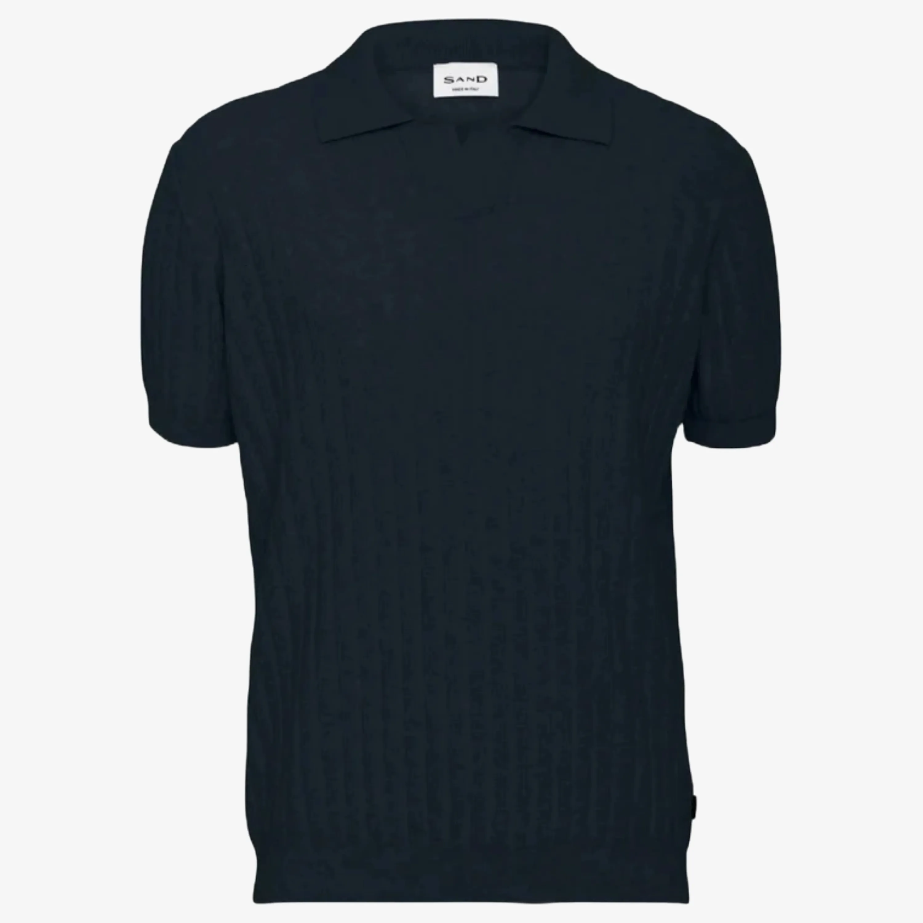 Sand Open Neck Knitted Short Sleeve Polo Shirt - Navy