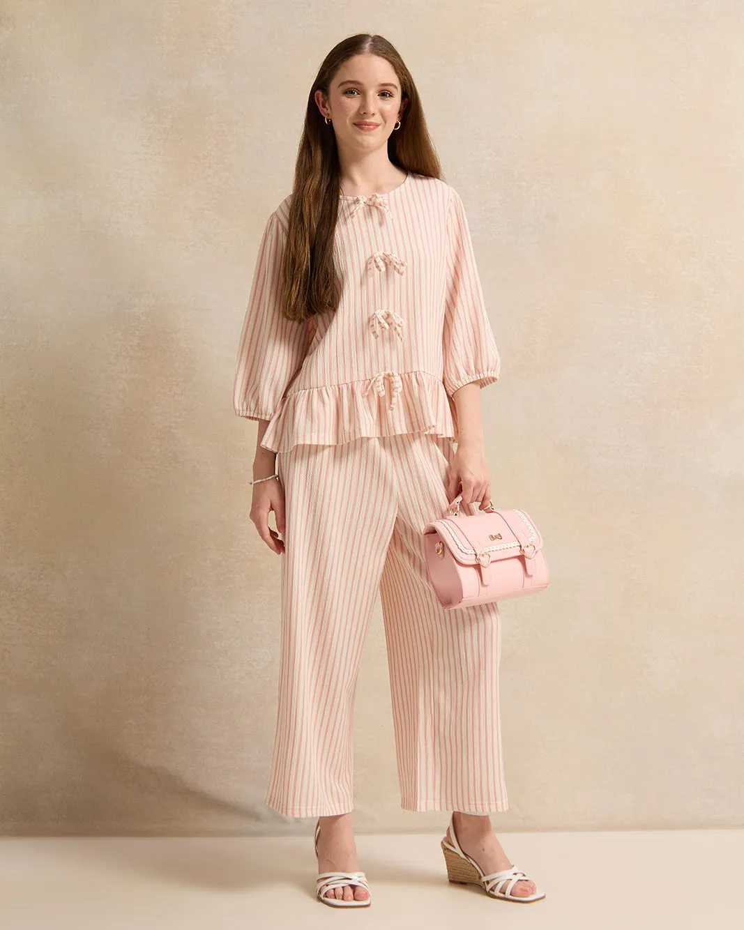 Senior Girls Cream And Pink Striped Crepe Culottes