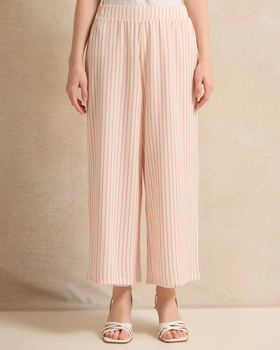 Senior Girls Cream And Pink Striped Crepe Culottes