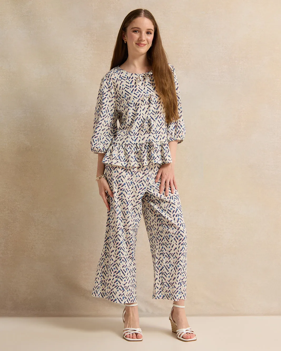 Senior Girls White And Blue Ditsy Print Crepe Culottes