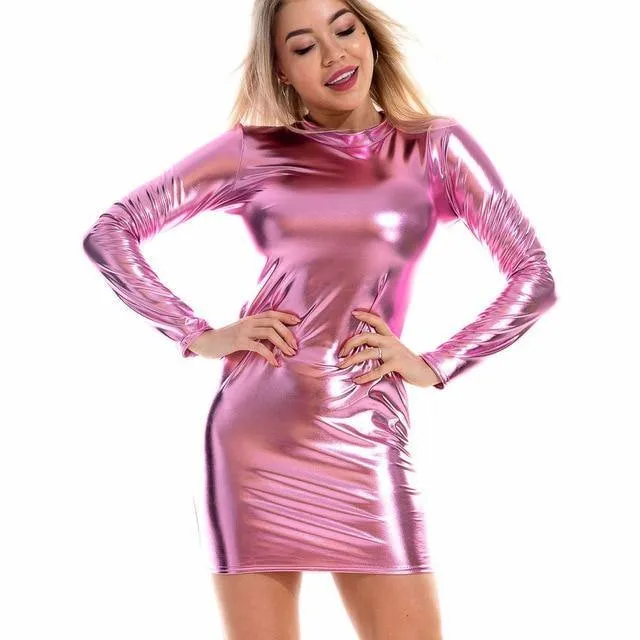 Sexy Metallic Reflective Holographic Turtleneck Long Sleeve Mini Bodycon Dress
