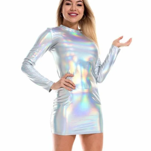 Sexy Metallic Reflective Holographic Turtleneck Long Sleeve Mini Bodycon Dress