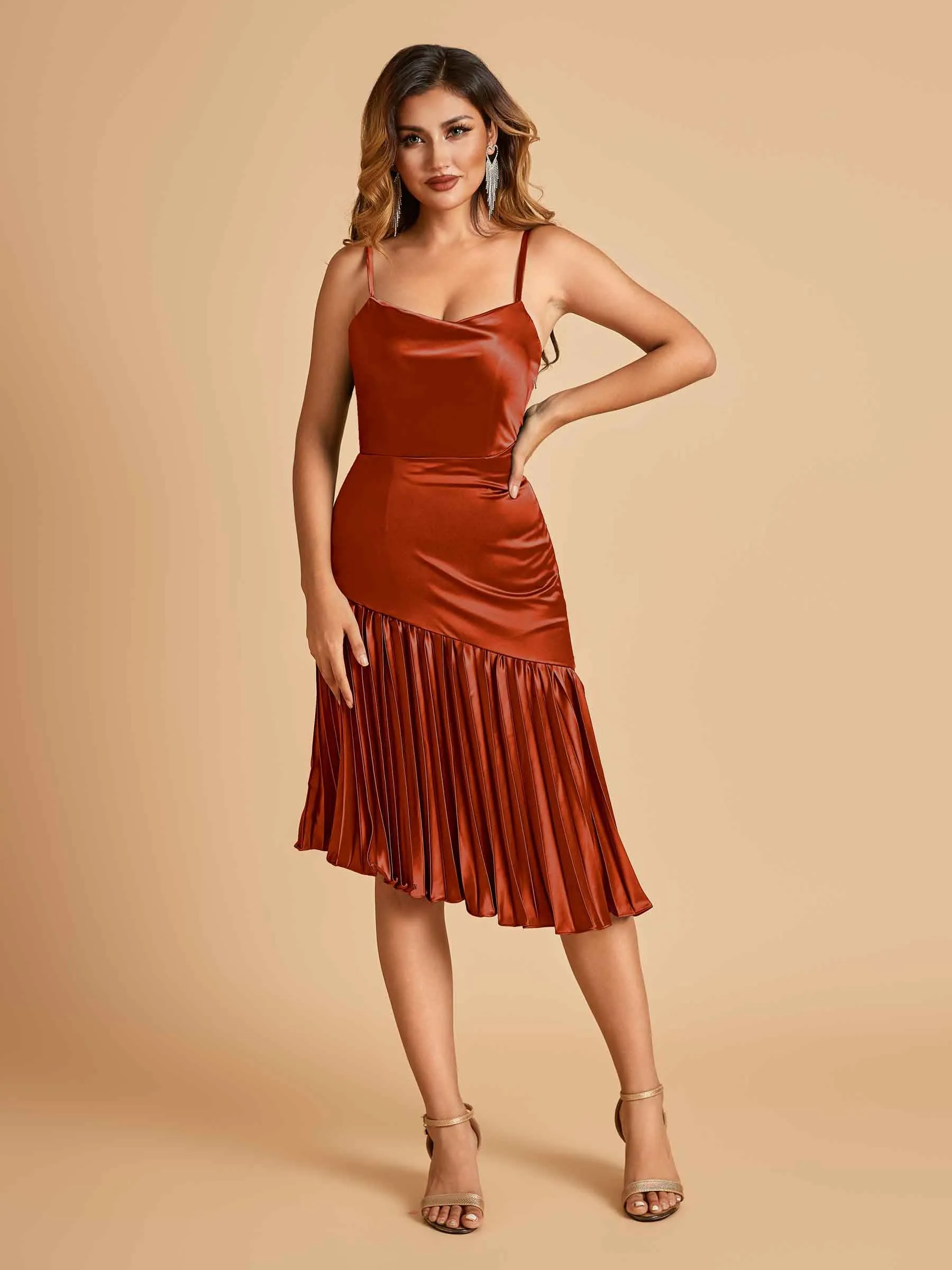 Sexy Satin Midi Asymmetrical Bridesmaid Dresses Spaghetti Straps Mermaid With Ruffles