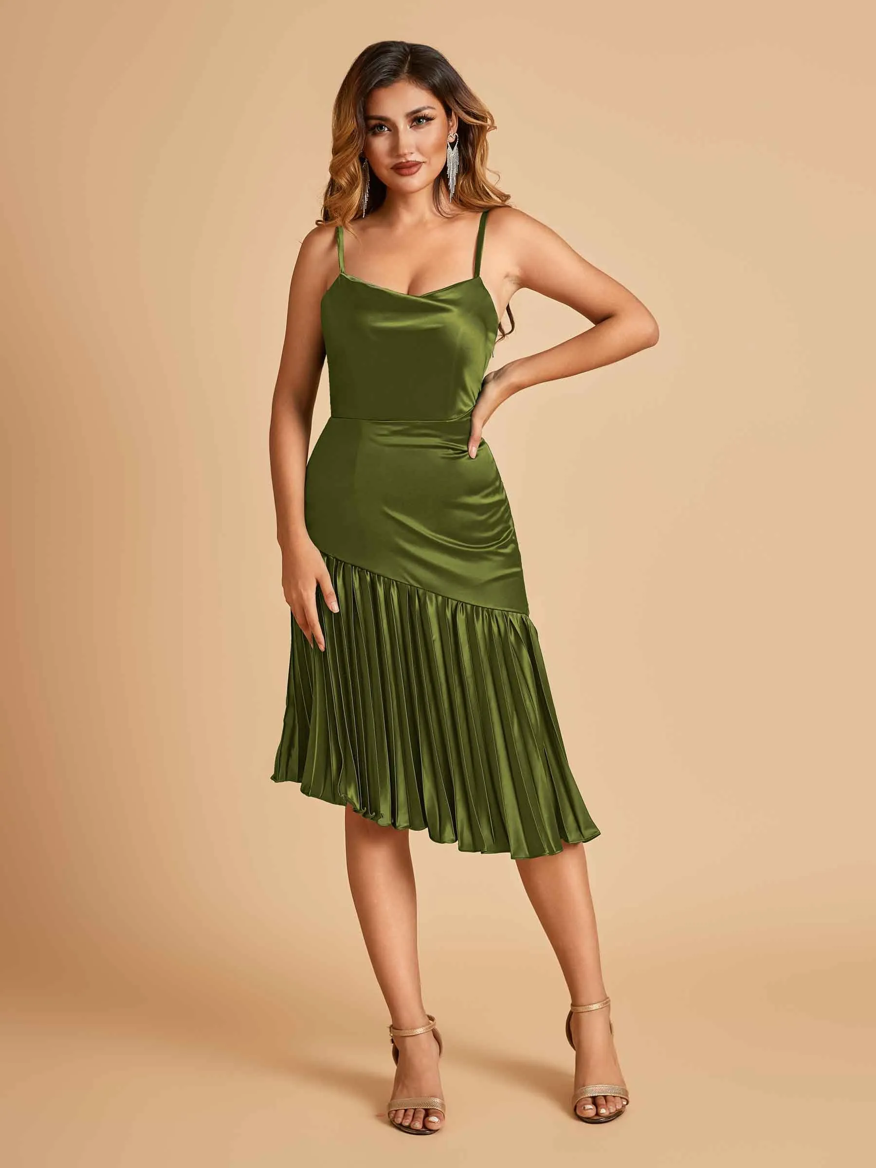 Sexy Satin Midi Asymmetrical Bridesmaid Dresses Spaghetti Straps Mermaid With Ruffles