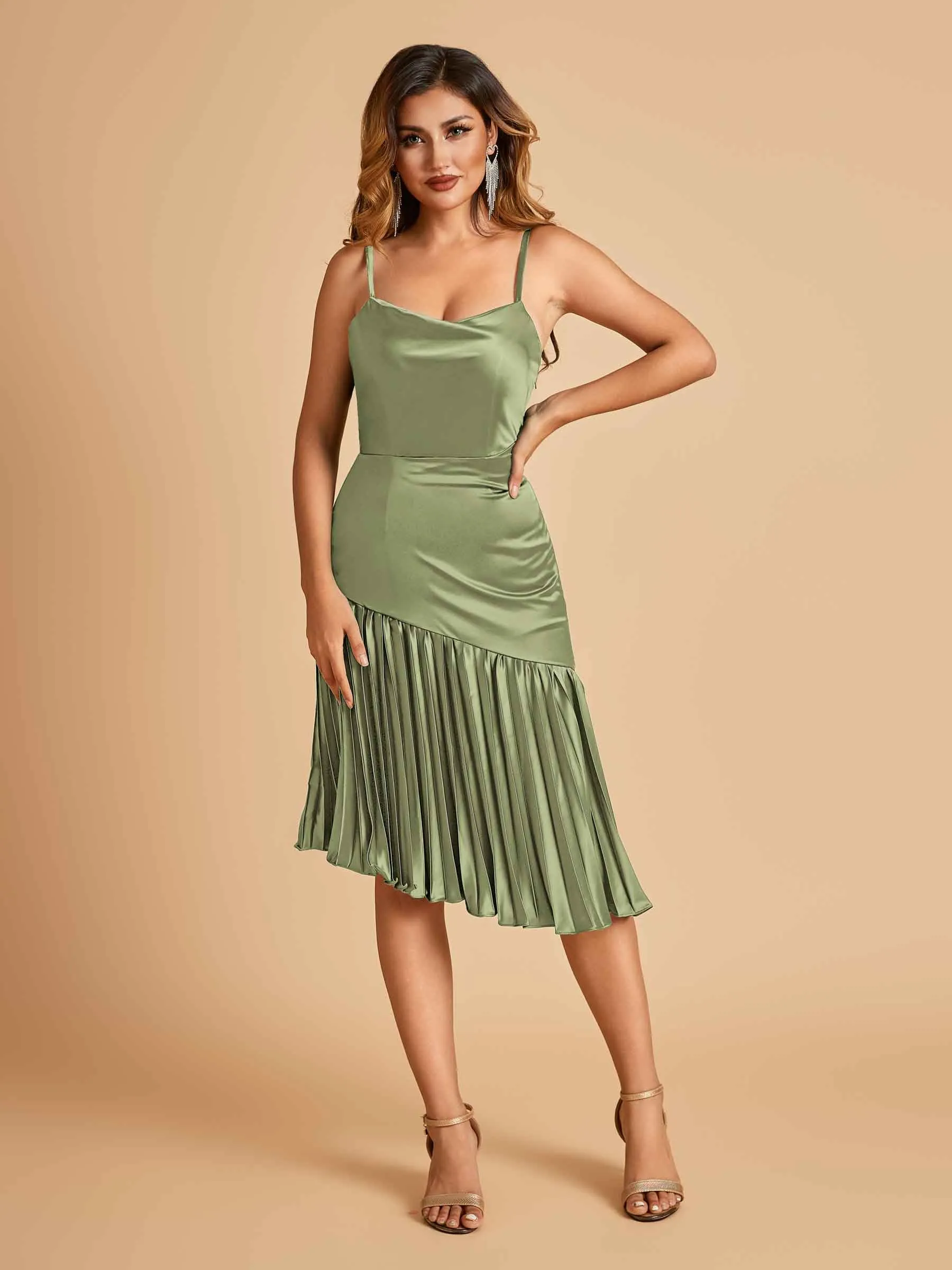 Sexy Satin Midi Asymmetrical Bridesmaid Dresses Spaghetti Straps Mermaid With Ruffles