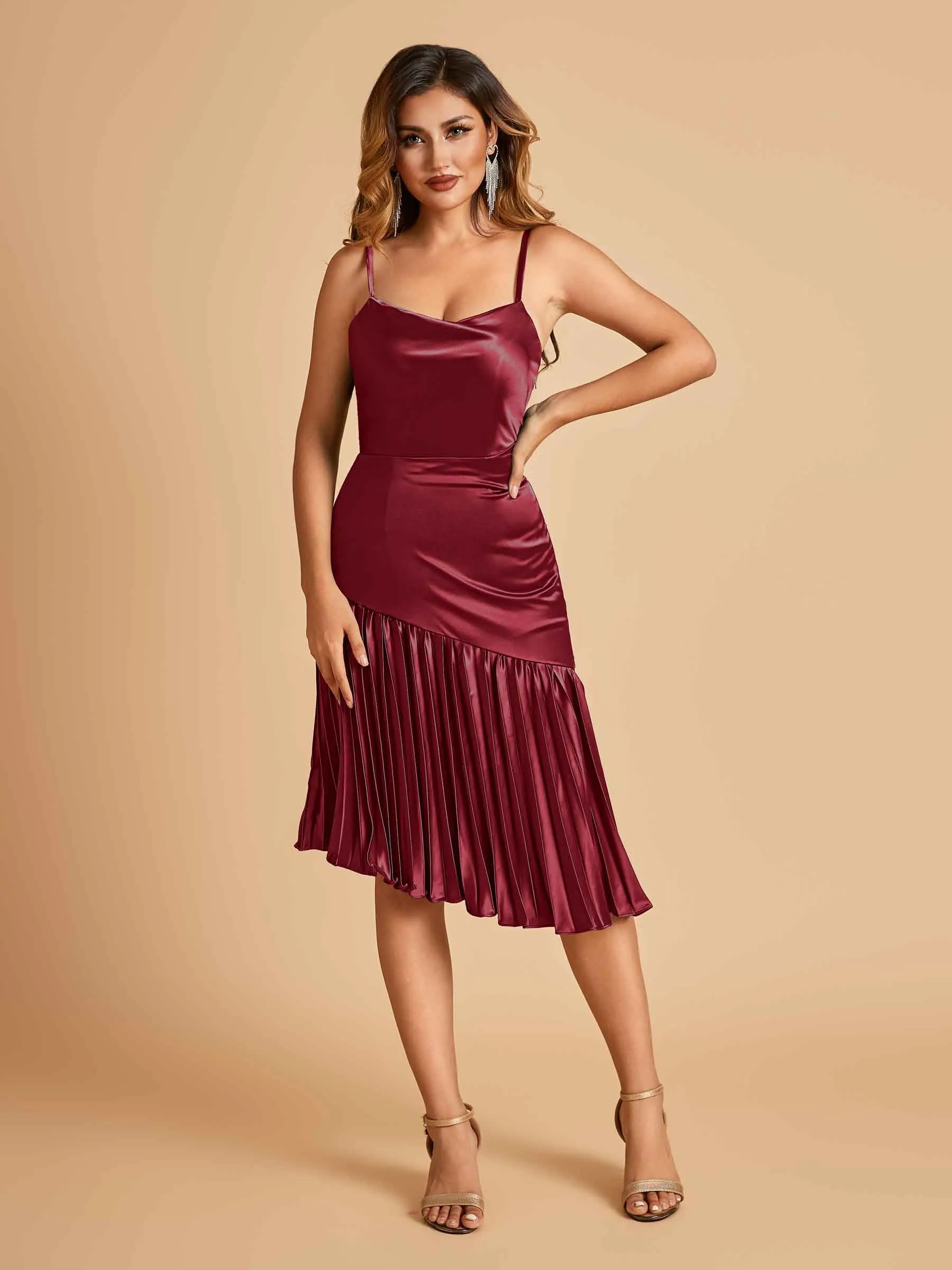 Sexy Satin Midi Asymmetrical Bridesmaid Dresses Spaghetti Straps Mermaid With Ruffles