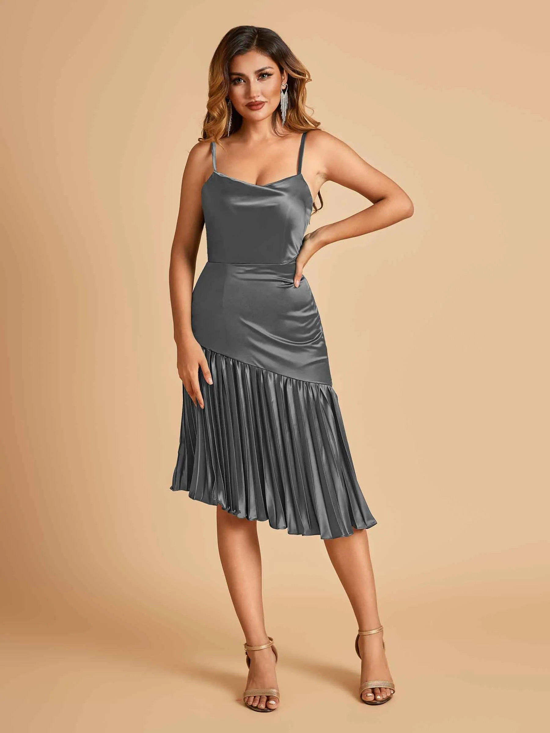 Sexy Satin Midi Asymmetrical Bridesmaid Dresses Spaghetti Straps Mermaid With Ruffles