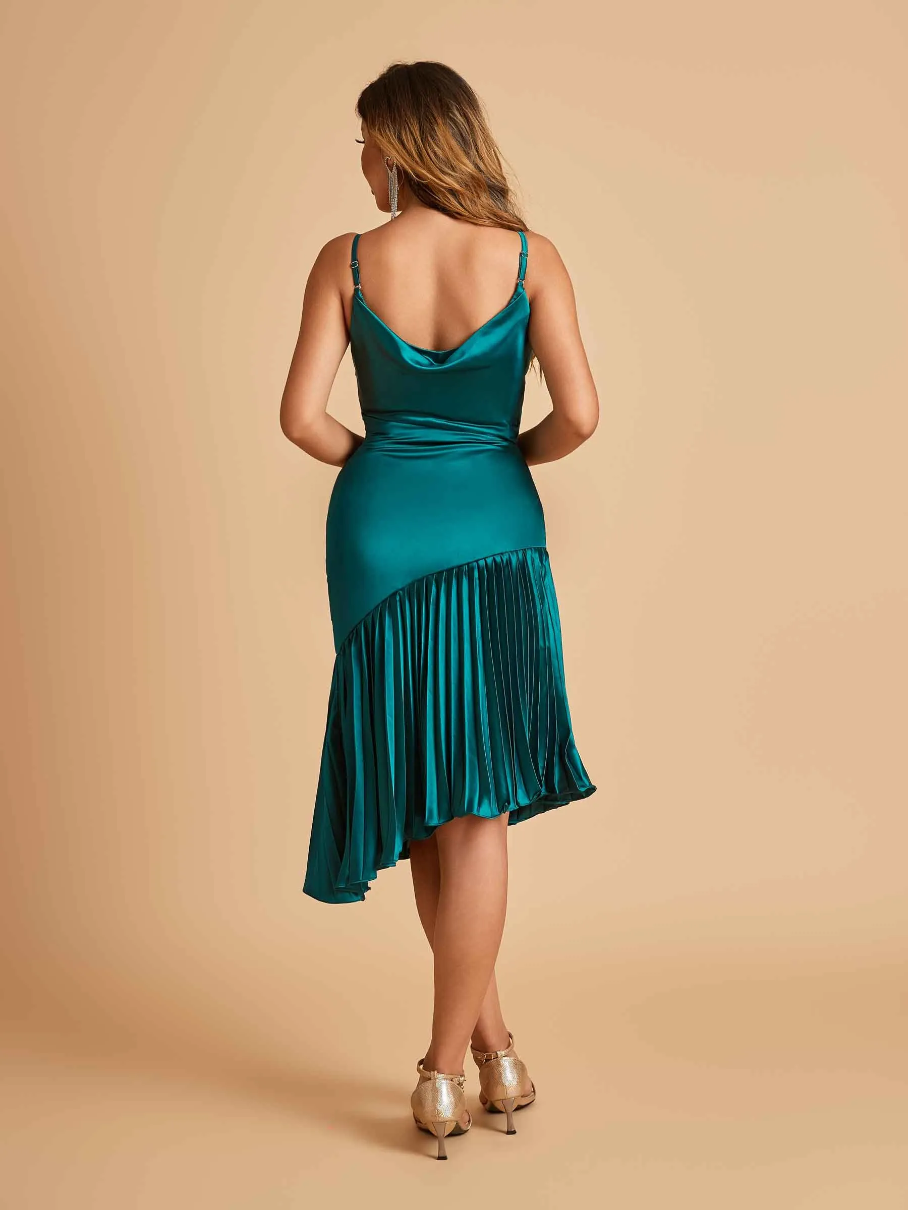 Sexy Satin Midi Asymmetrical Bridesmaid Dresses Spaghetti Straps Mermaid With Ruffles