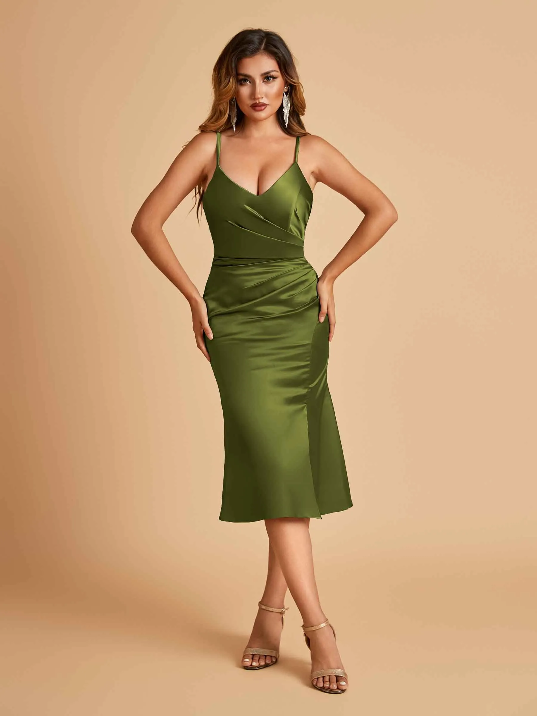 Sexy Satin Midi Mermaid Prom Dresses Spaghetti Straps Slip Side Slit