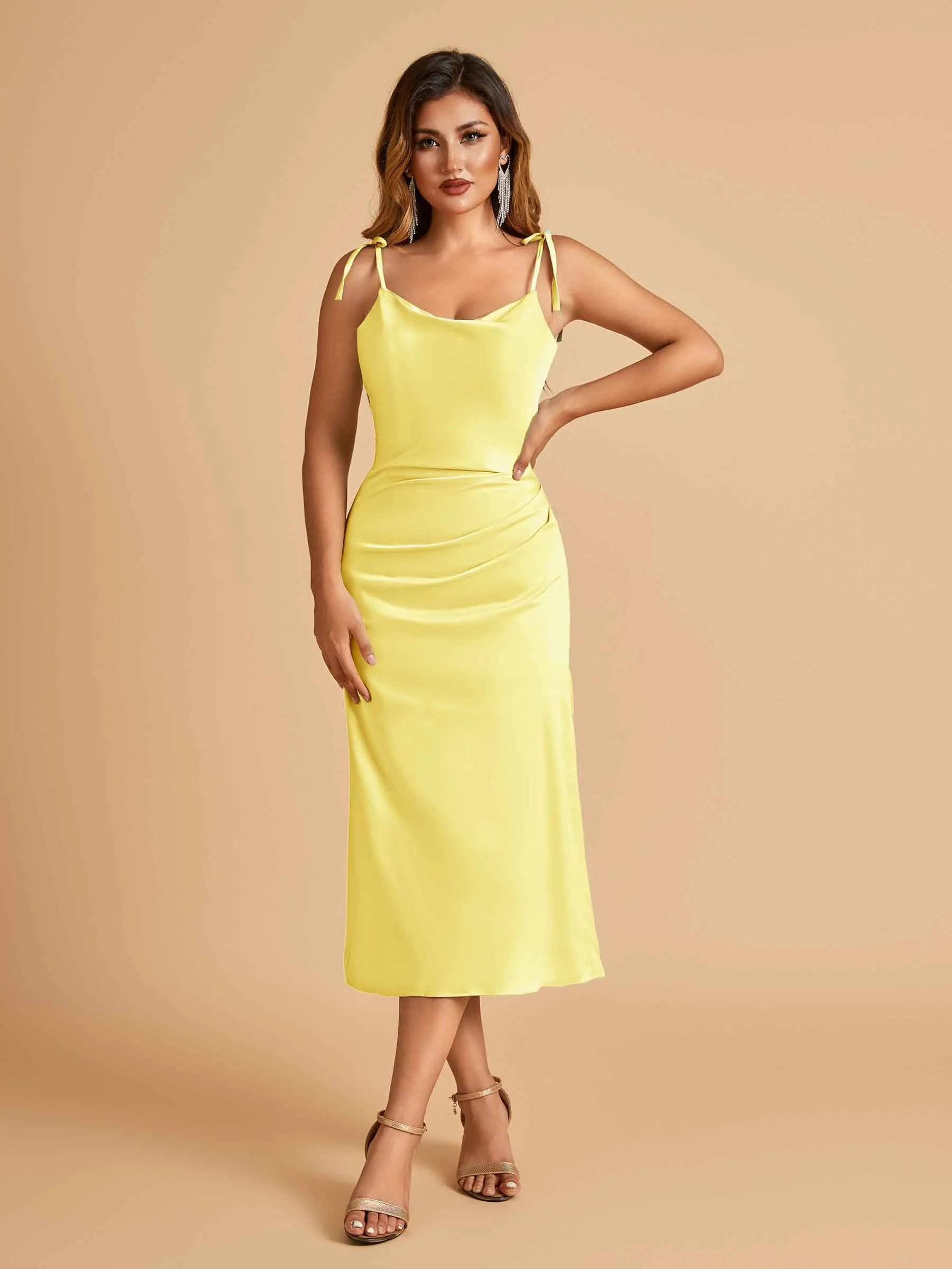 Sexy Satin Midi Prom Dresses Spaghetti Straps Slip Scoop Side Slit