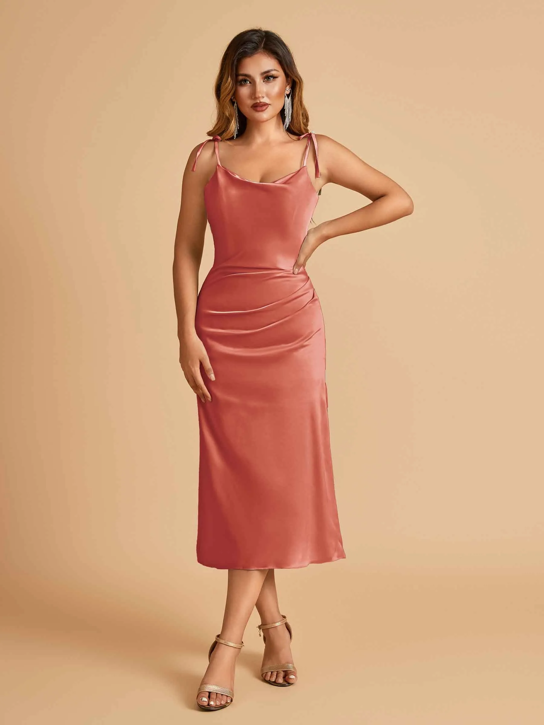 Sexy Satin Midi Prom Dresses Spaghetti Straps Slip Scoop Side Slit