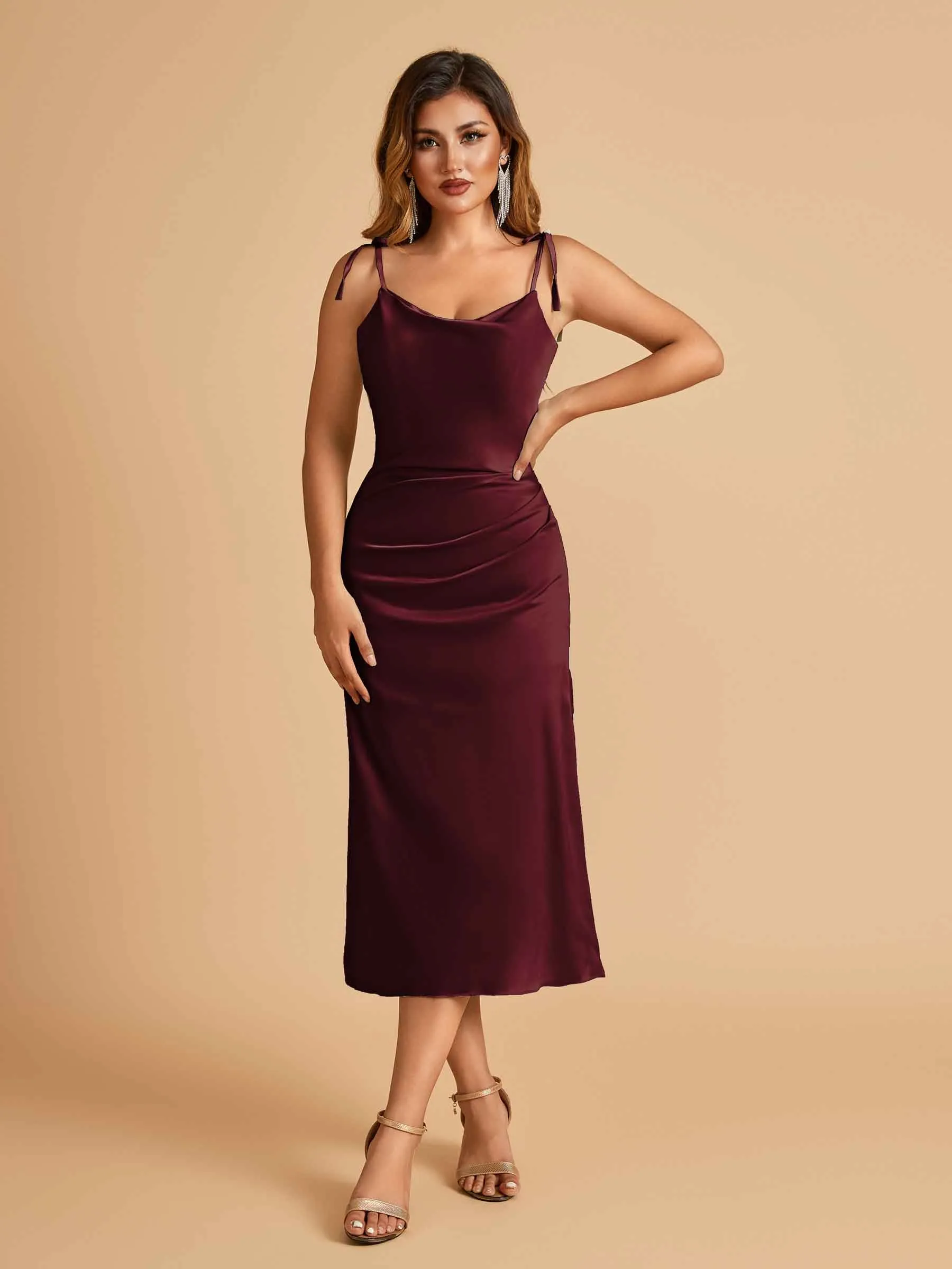 Sexy Satin Midi Prom Dresses Spaghetti Straps Slip Scoop Side Slit