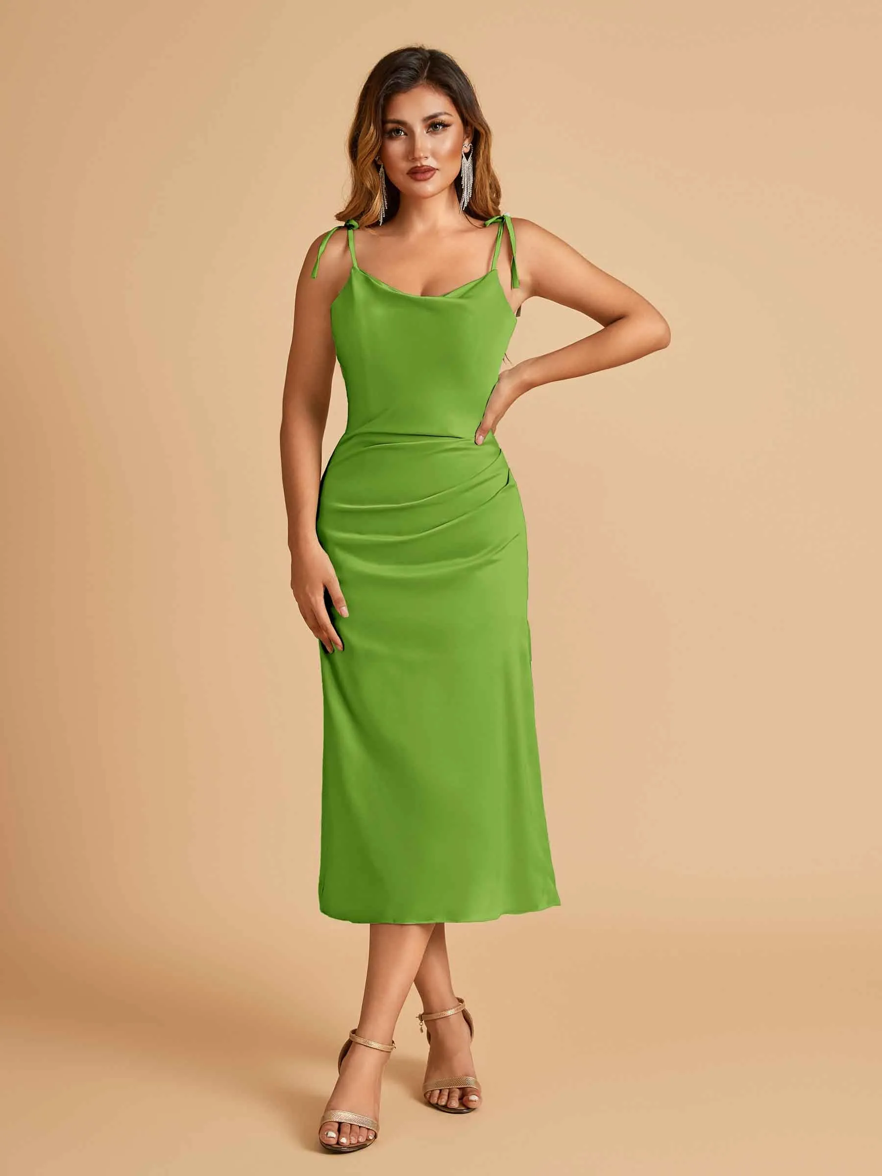 Sexy Satin Midi Prom Dresses Spaghetti Straps Slip Scoop Side Slit
