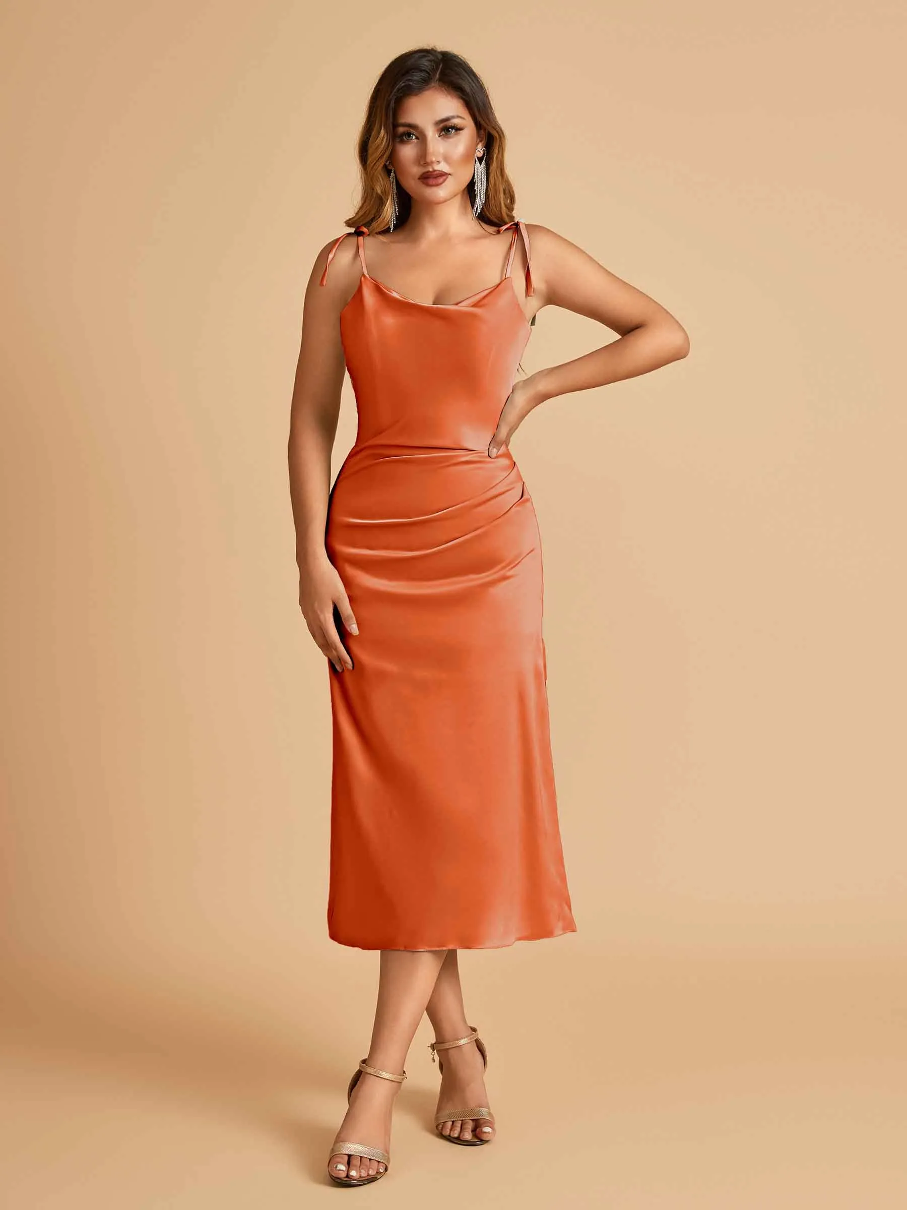 Sexy Satin Midi Prom Dresses Spaghetti Straps Slip Scoop Side Slit