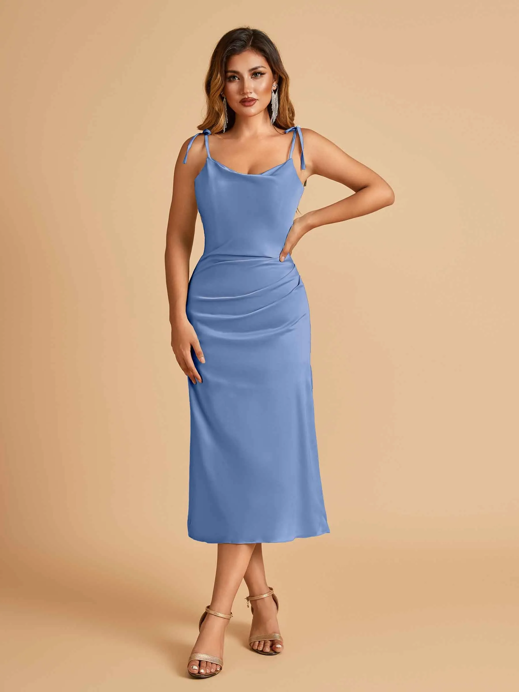 Sexy Satin Midi Prom Dresses Spaghetti Straps Slip Scoop Side Slit