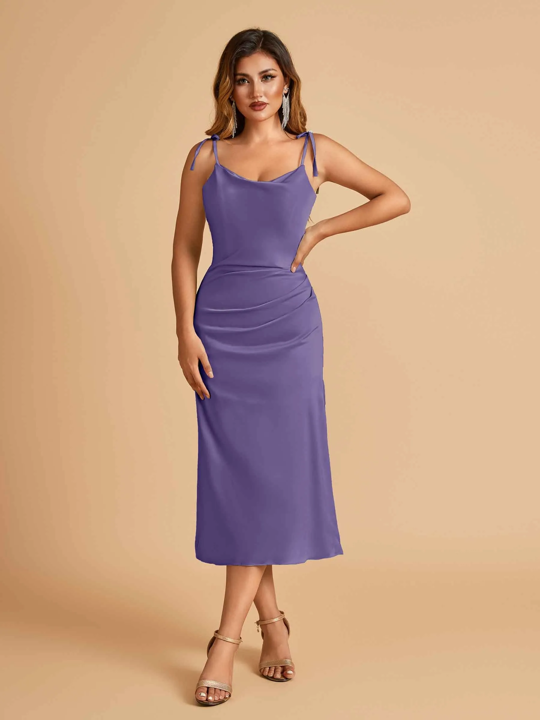 Sexy Satin Midi Prom Dresses Spaghetti Straps Slip Scoop Side Slit