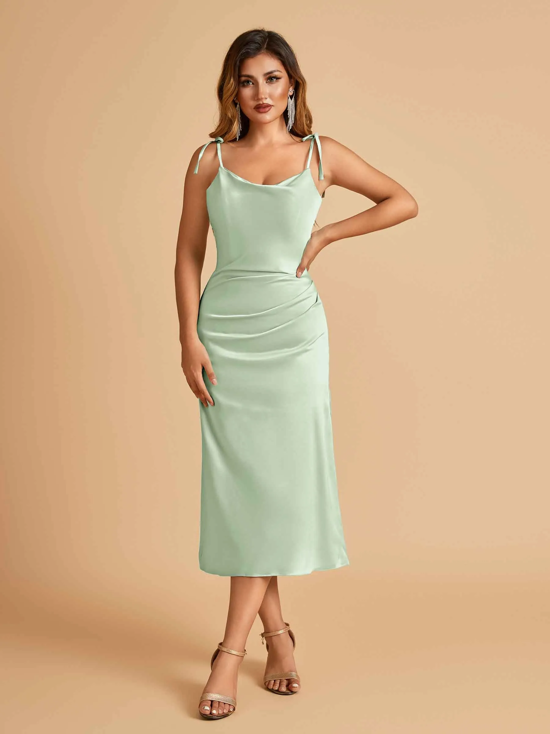 Sexy Satin Midi Prom Dresses Spaghetti Straps Slip Scoop Side Slit
