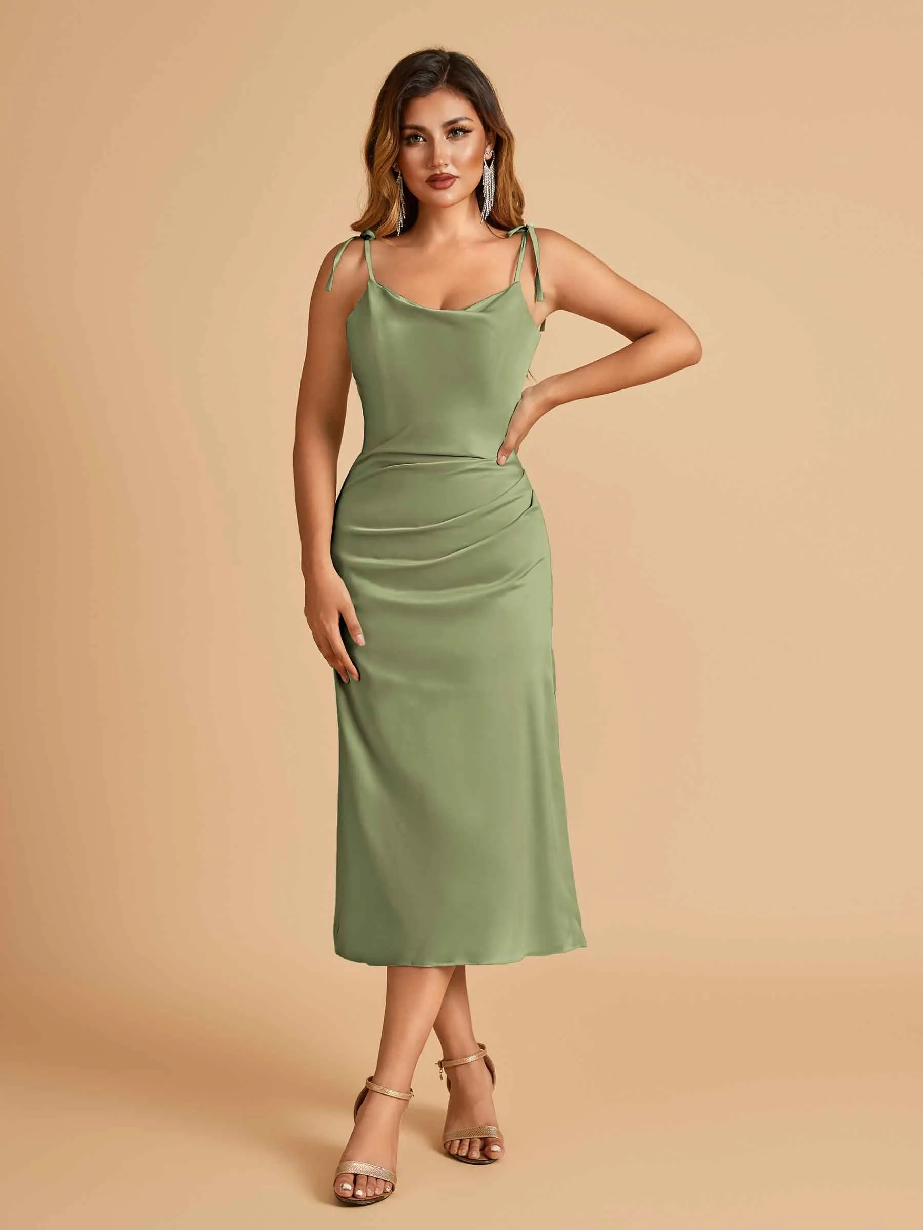 Sexy Satin Midi Prom Dresses Spaghetti Straps Slip Scoop Side Slit
