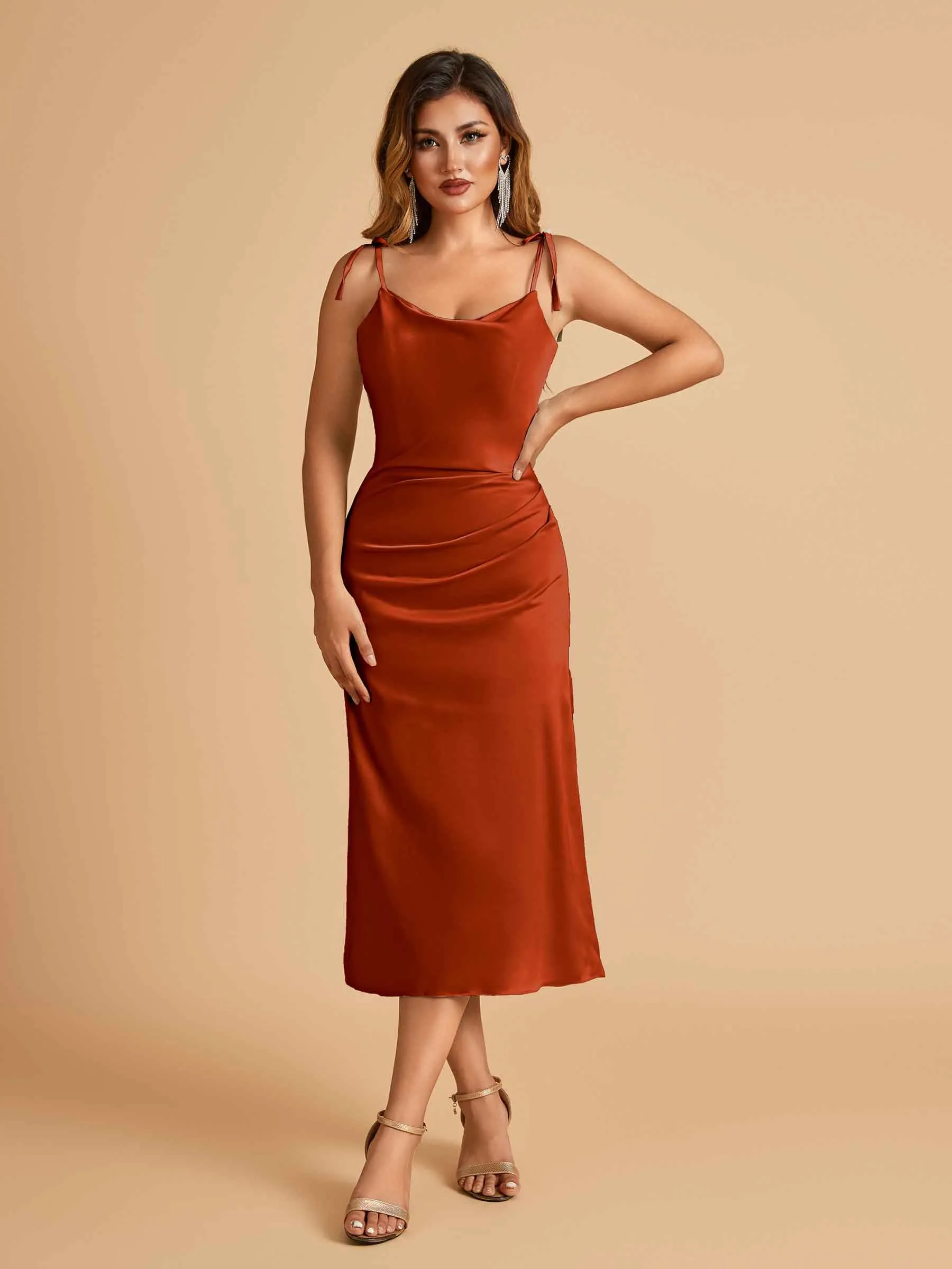Sexy Satin Midi Prom Dresses Spaghetti Straps Slip Scoop Side Slit