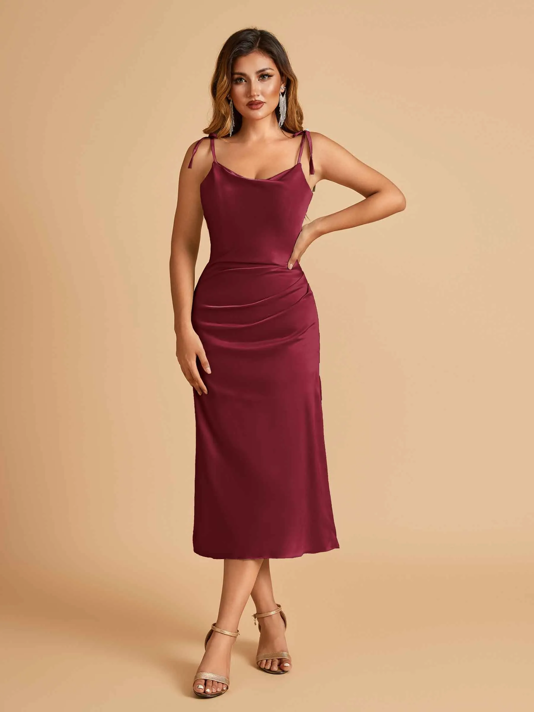 Sexy Satin Midi Prom Dresses Spaghetti Straps Slip Scoop Side Slit