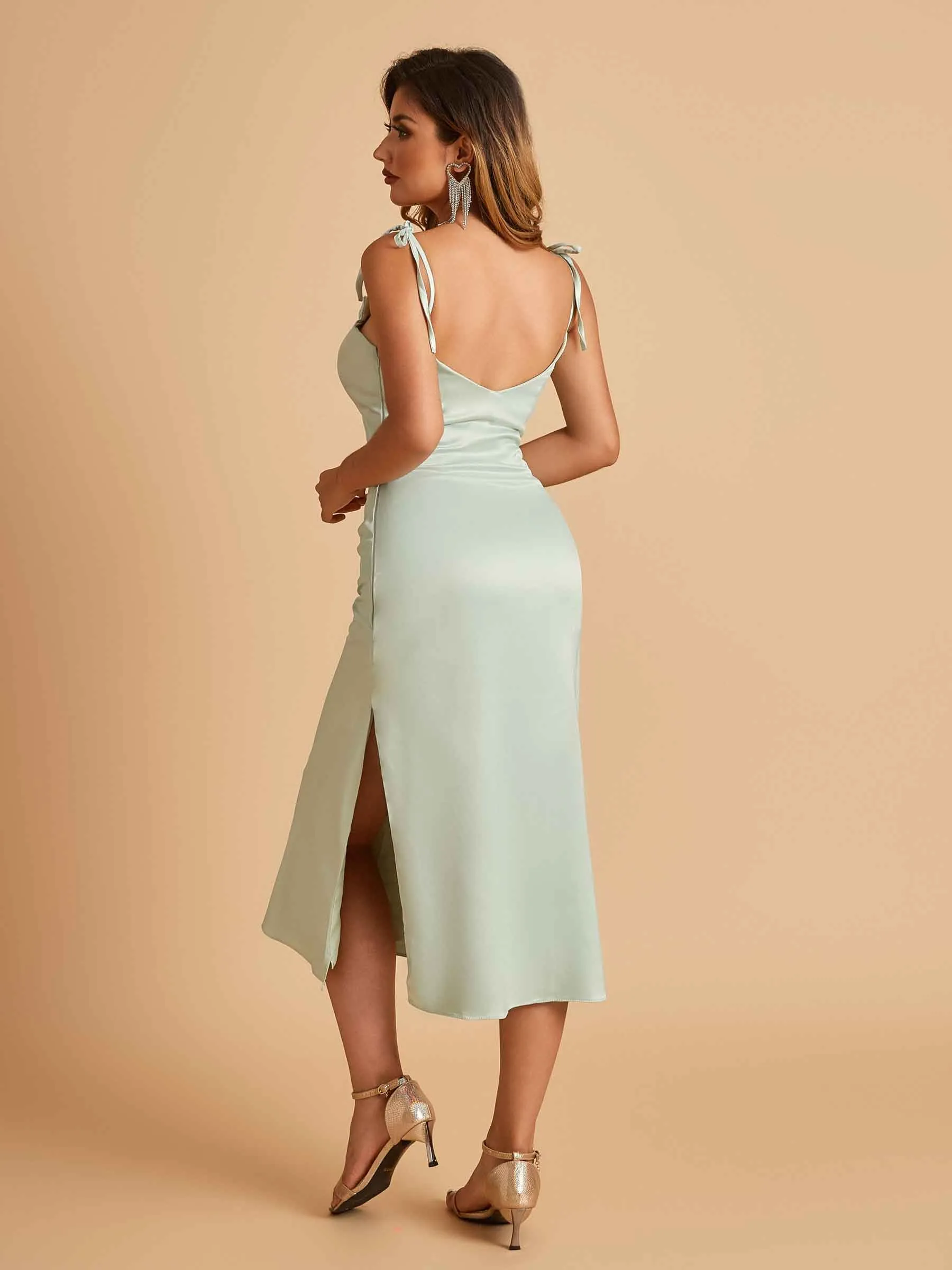 Sexy Satin Midi Prom Dresses Spaghetti Straps Slip Scoop Side Slit