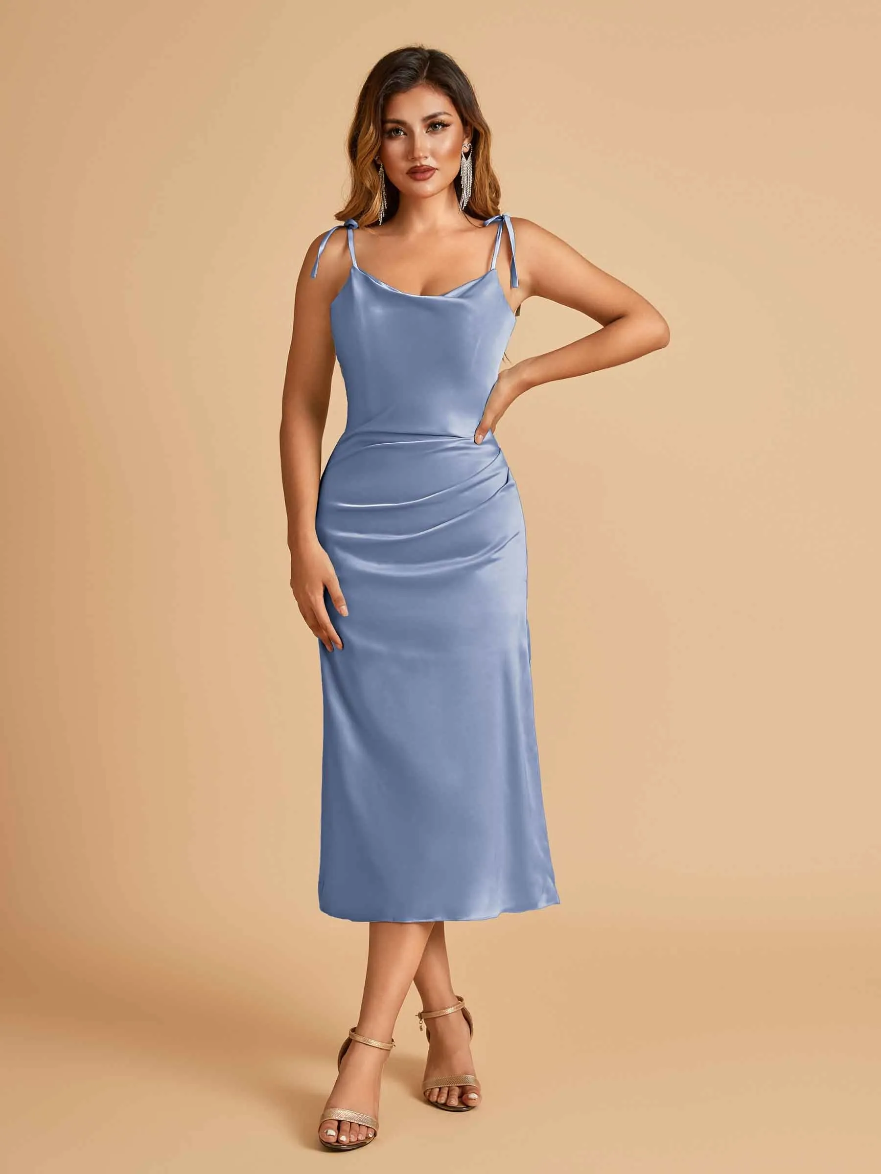 Sexy Satin Midi Prom Dresses Spaghetti Straps Slip Scoop Side Slit