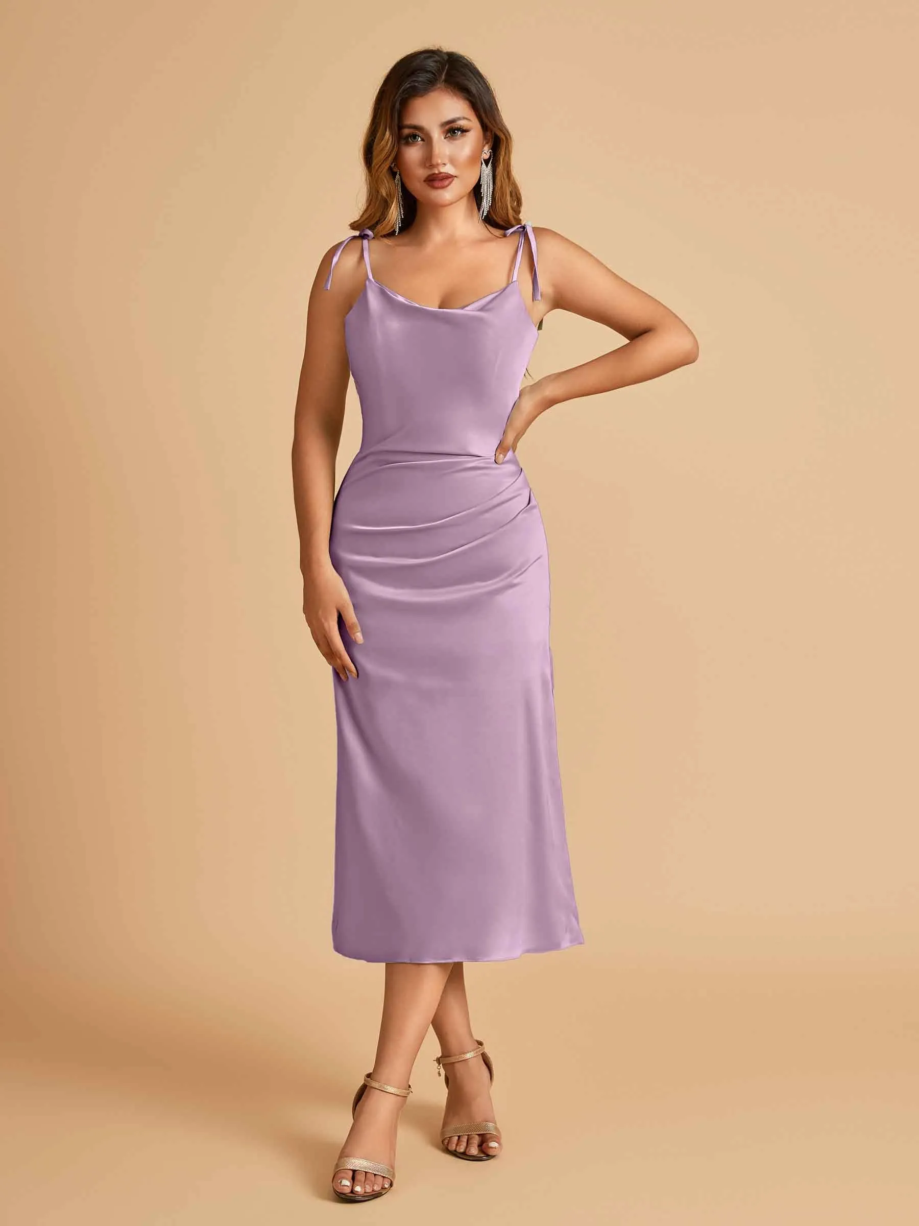 Sexy Satin Midi Prom Dresses Spaghetti Straps Slip Scoop Side Slit