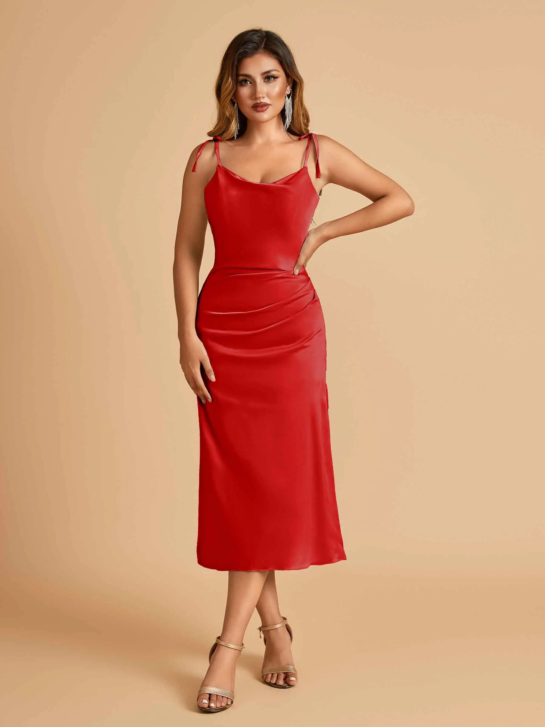 Sexy Satin Midi Prom Dresses Spaghetti Straps Slip Scoop Side Slit