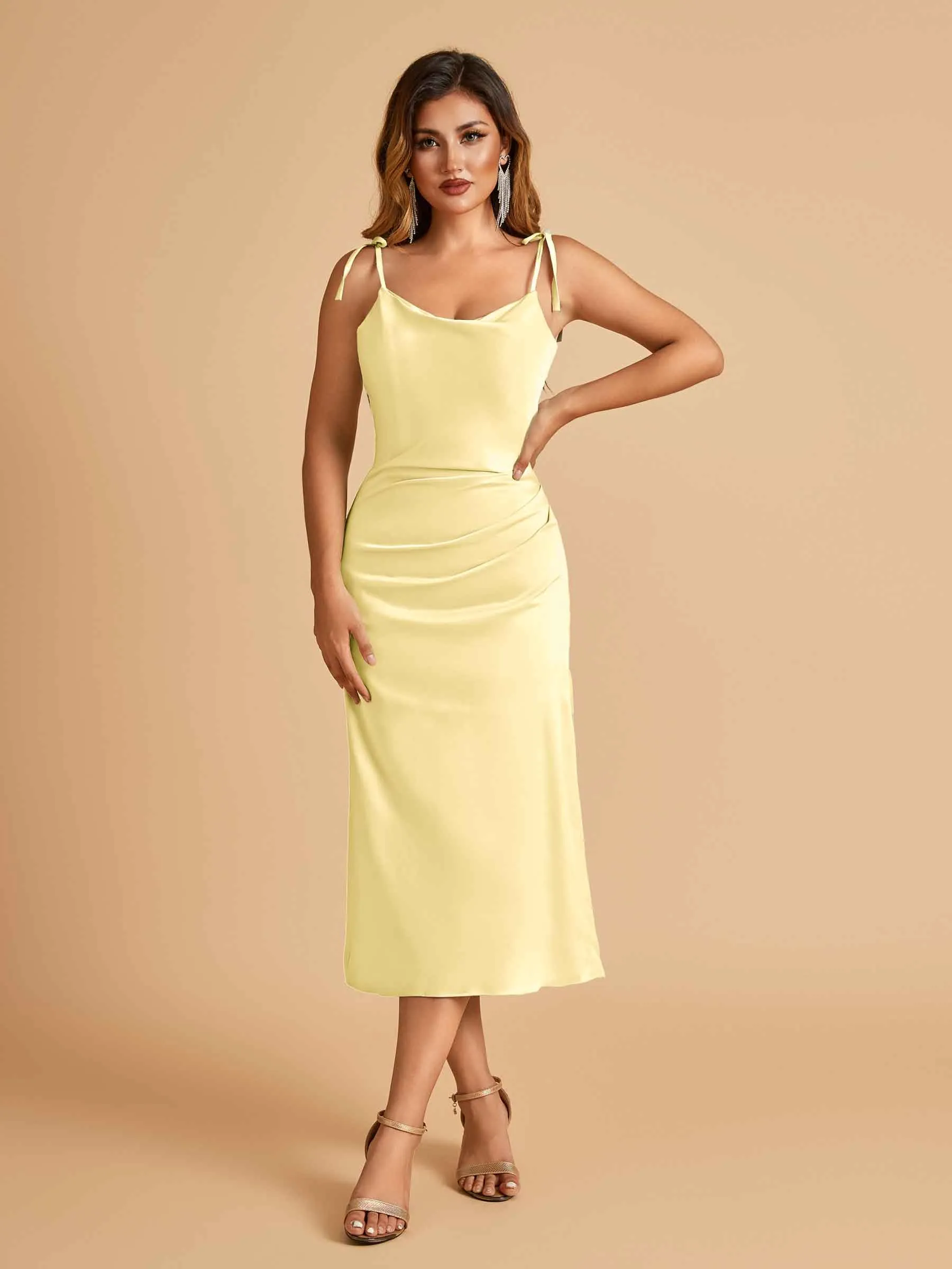 Sexy Satin Midi Prom Dresses Spaghetti Straps Slip Scoop Side Slit