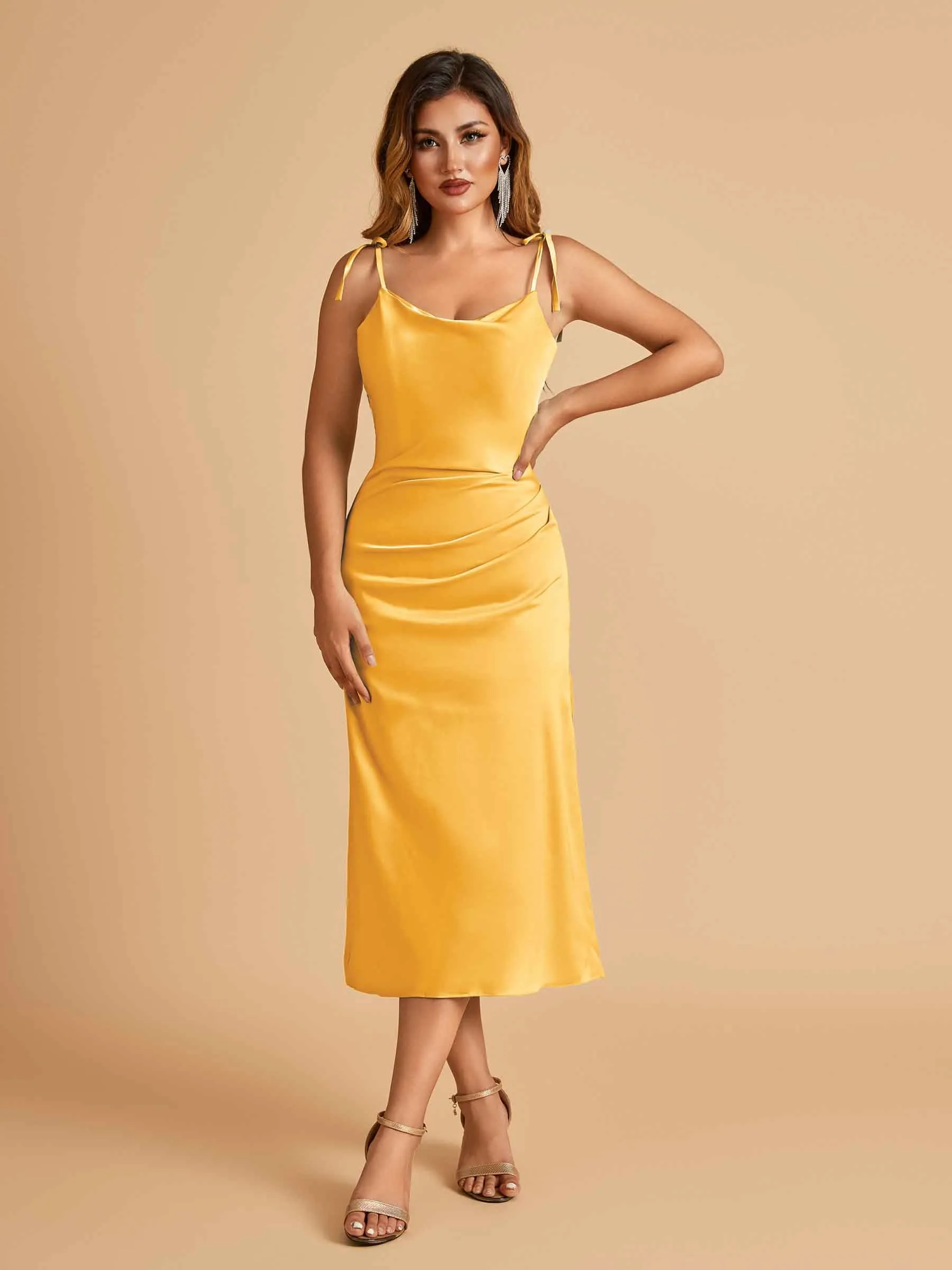 Sexy Satin Midi Prom Dresses Spaghetti Straps Slip Scoop Side Slit