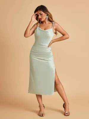 Sexy Satin Midi Prom Dresses Spaghetti Straps Slip Scoop Side Slit