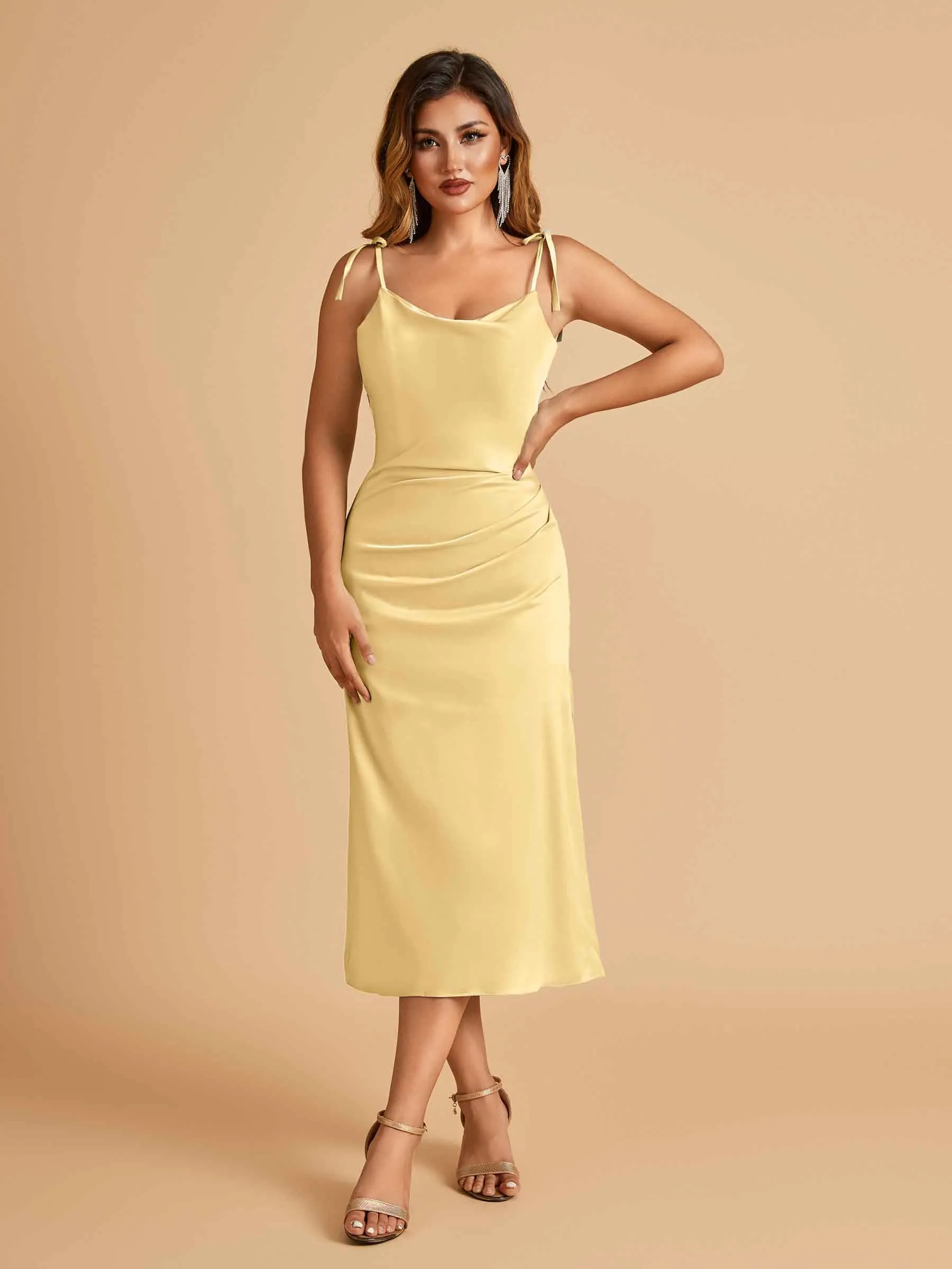 Sexy Satin Midi Prom Dresses Spaghetti Straps Slip Scoop Side Slit