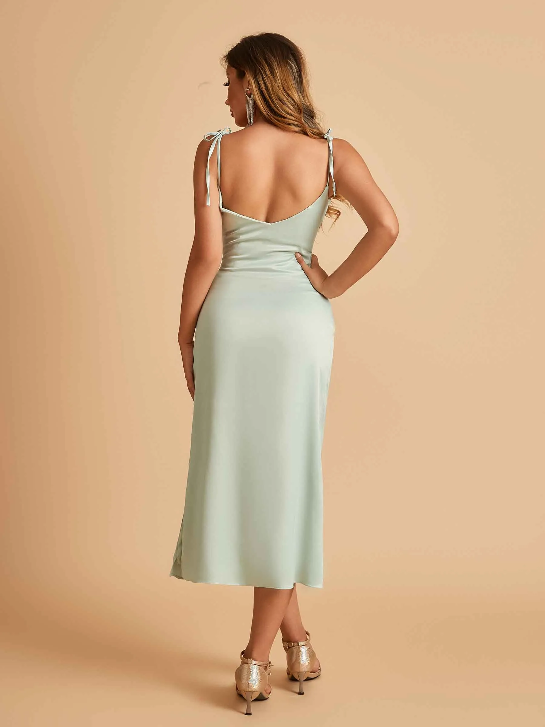 Sexy Satin Midi Prom Dresses Spaghetti Straps Slip Scoop Side Slit