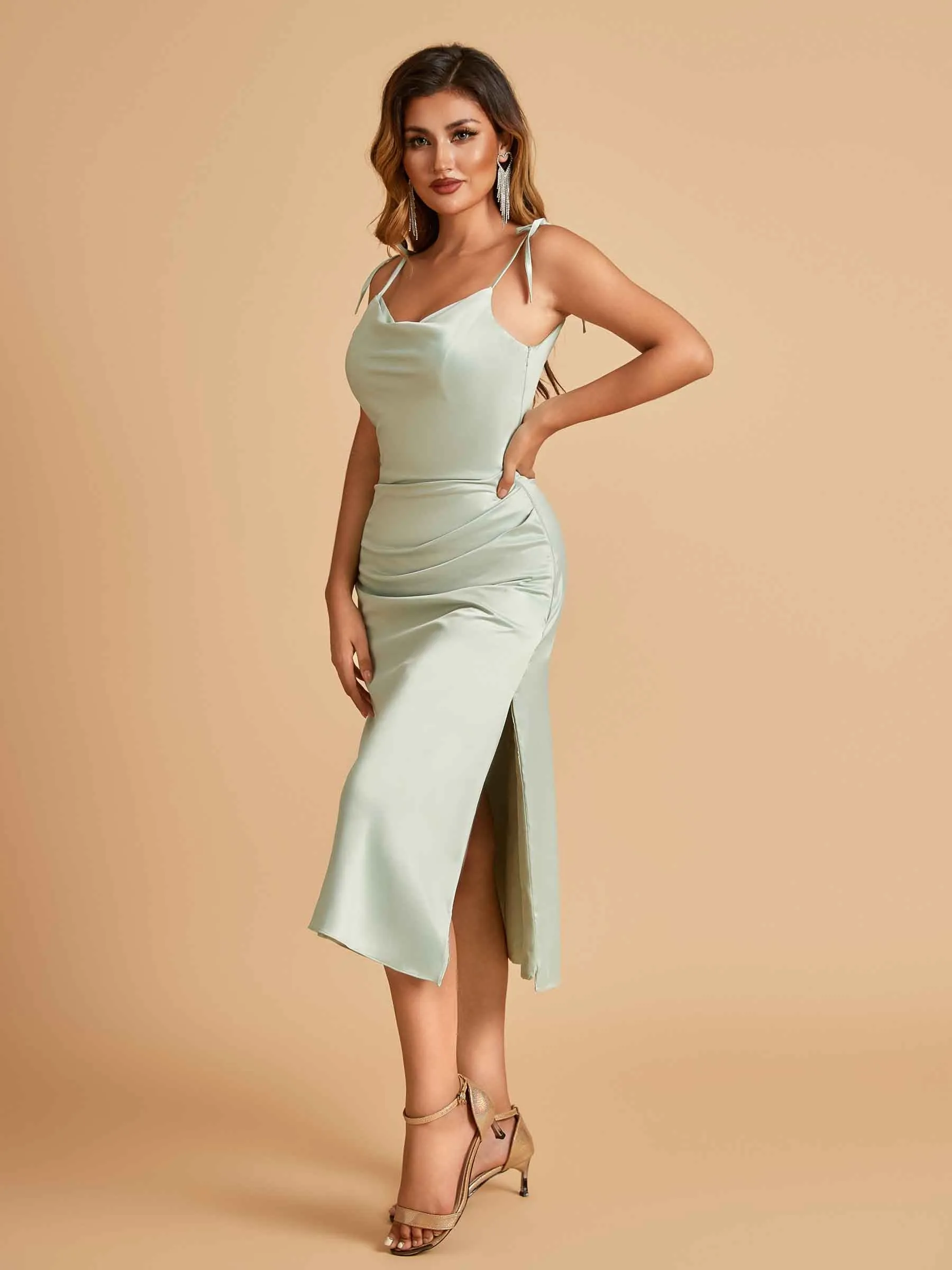 Sexy Satin Midi Prom Dresses Spaghetti Straps Slip Scoop Side Slit