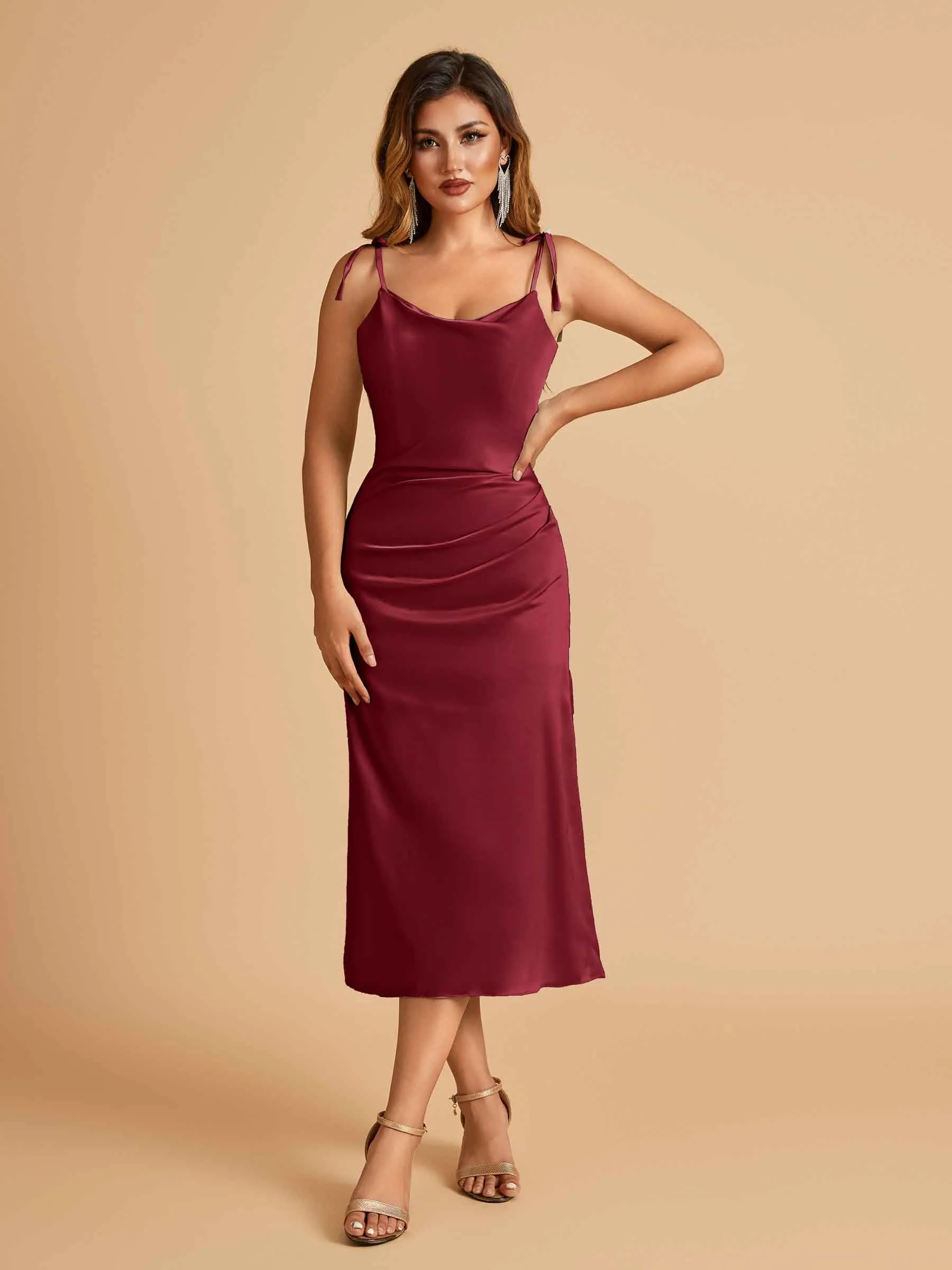Sexy Satin Midi Prom Dresses Spaghetti Straps Slip Scoop Side Slit
