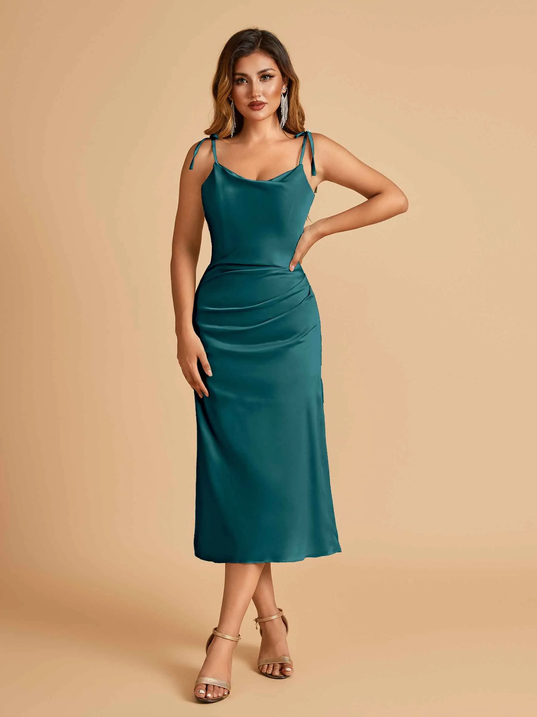 Sexy Satin Midi Prom Dresses Spaghetti Straps Slip Scoop Side Slit