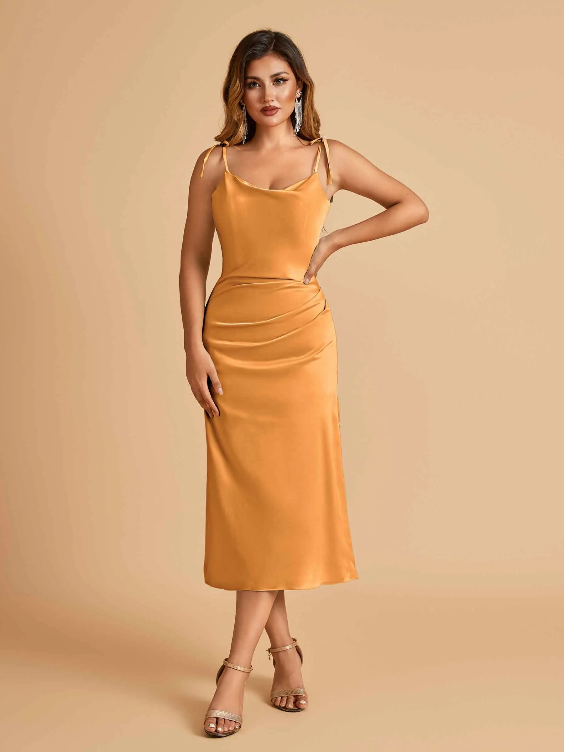 Sexy Satin Midi Prom Dresses Spaghetti Straps Slip Scoop Side Slit