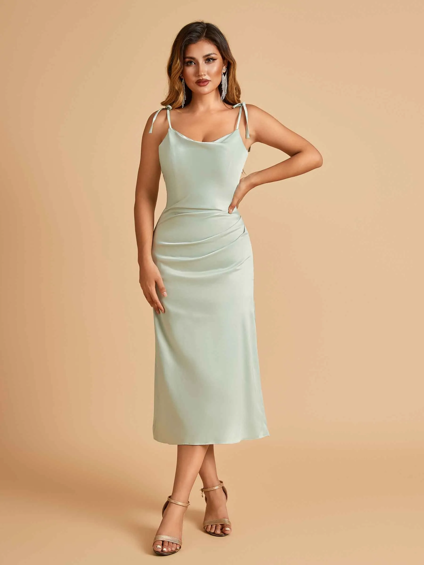 Sexy Satin Midi Prom Dresses Spaghetti Straps Slip Scoop Side Slit