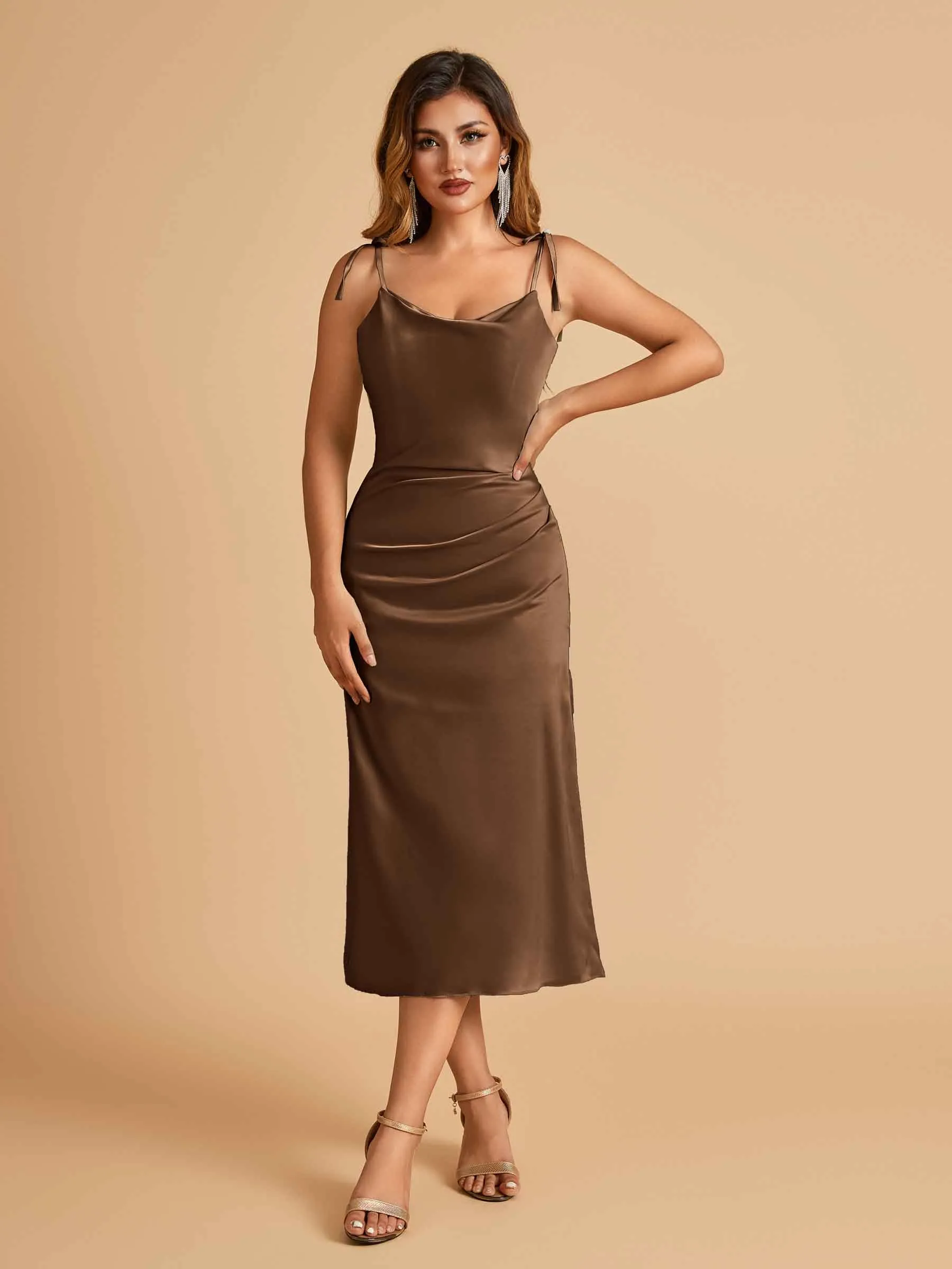 Sexy Satin Midi Prom Dresses Spaghetti Straps Slip Scoop Side Slit
