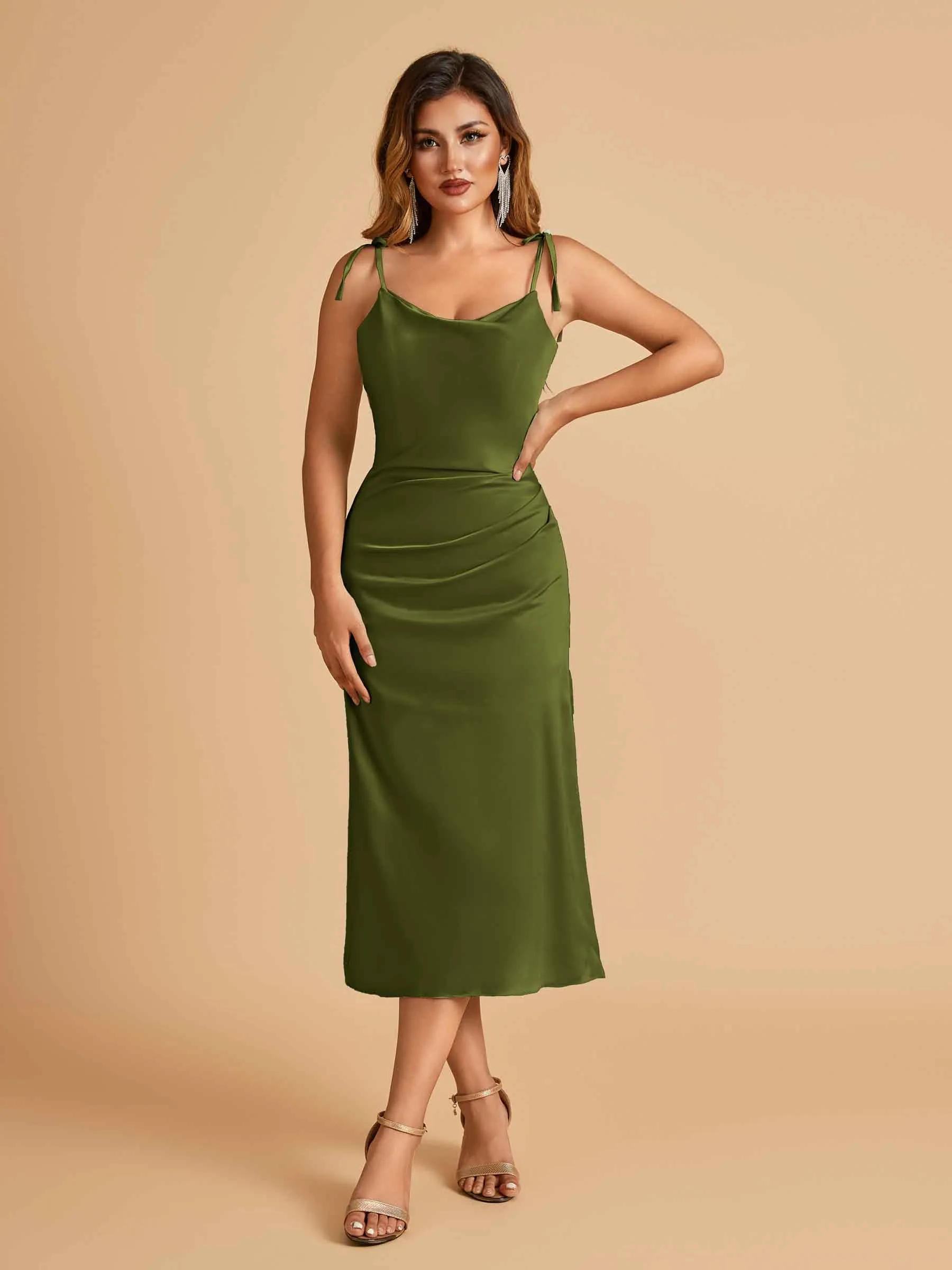 Sexy Satin Midi Prom Dresses Spaghetti Straps Slip Scoop Side Slit