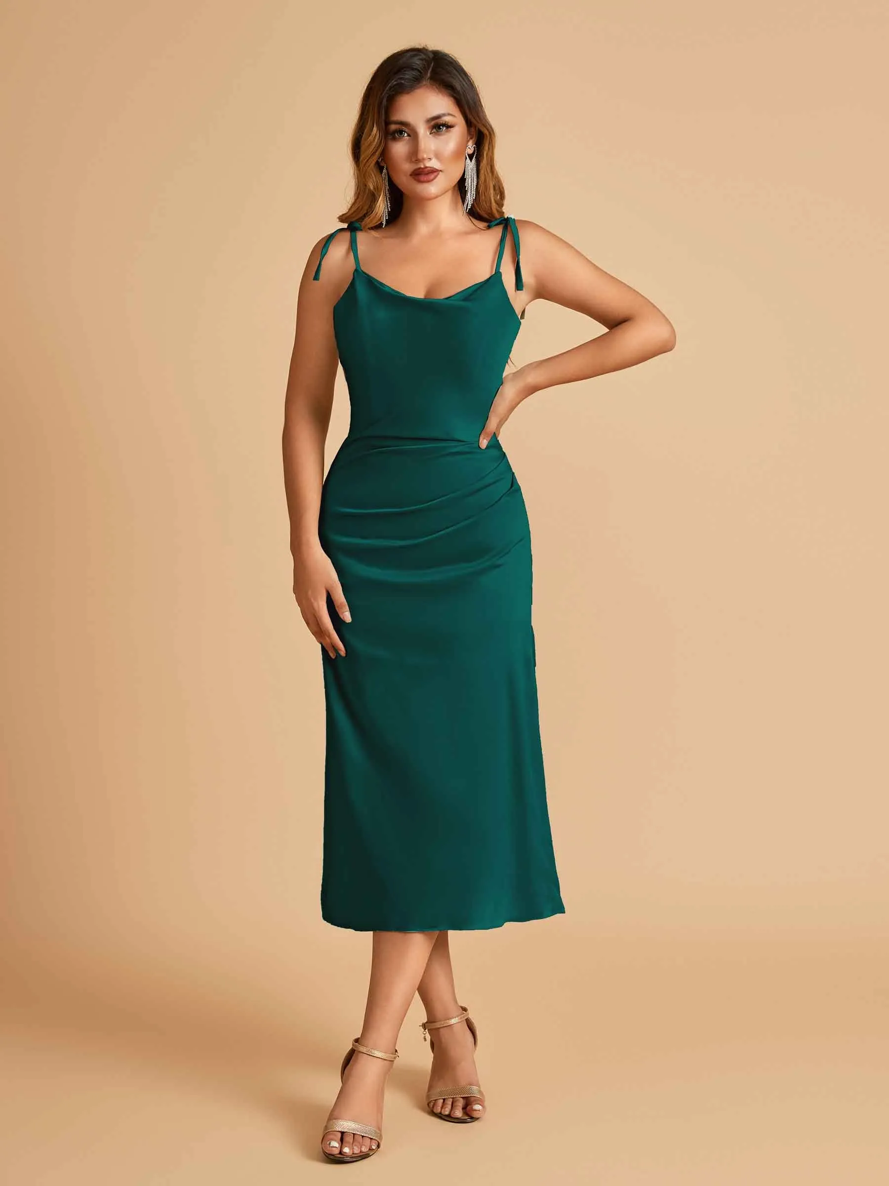 Sexy Satin Midi Prom Dresses Spaghetti Straps Slip Scoop Side Slit
